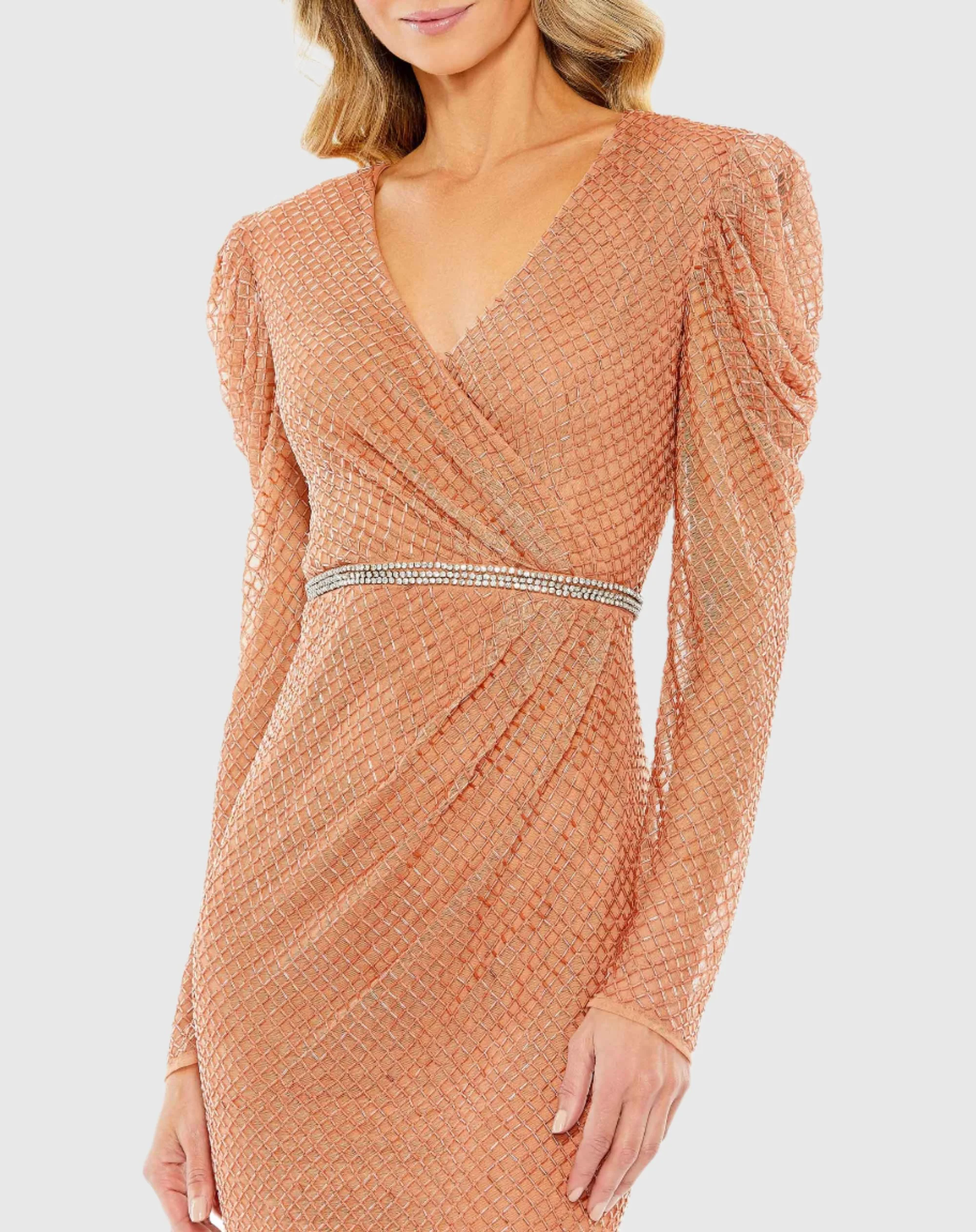 Orange Beaded Wrap Over Puff Sleeve Dress - FINAL SALE
