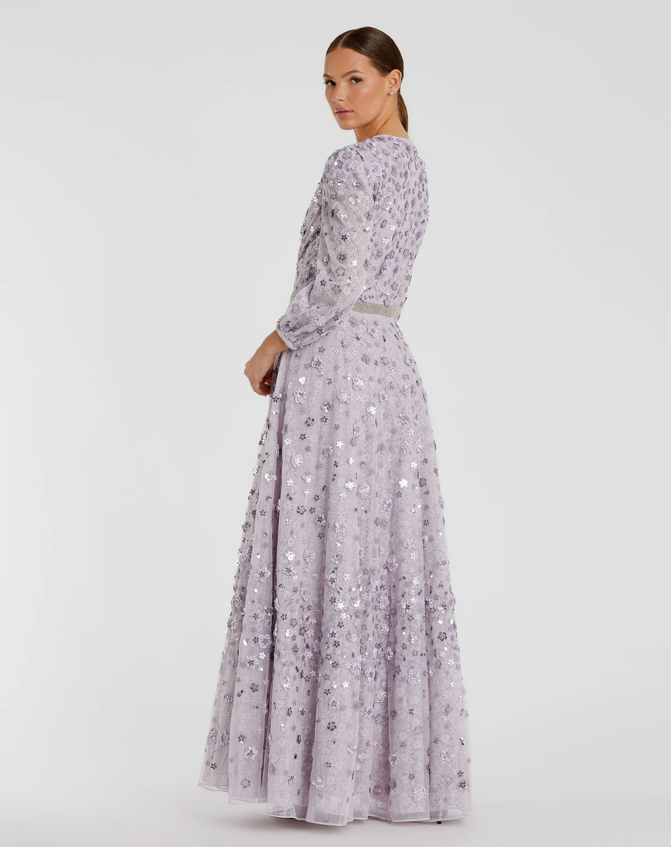 Purple Floral Applique Puff Sleeve High Neck A-Line Gown