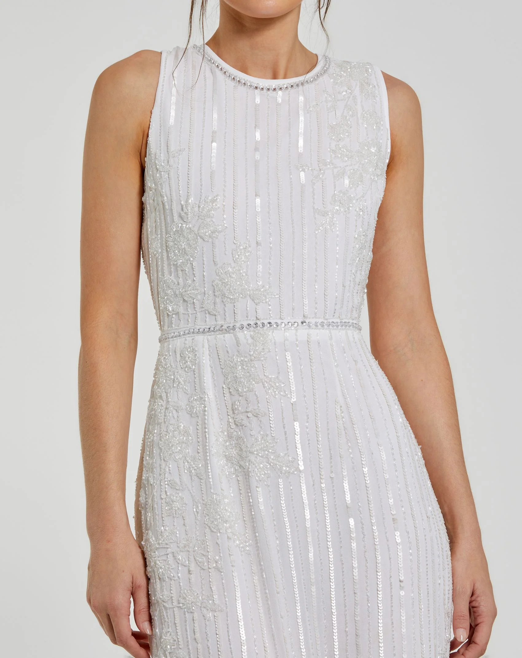 White Striped Floral Embellished Sleeveless Midi Dress