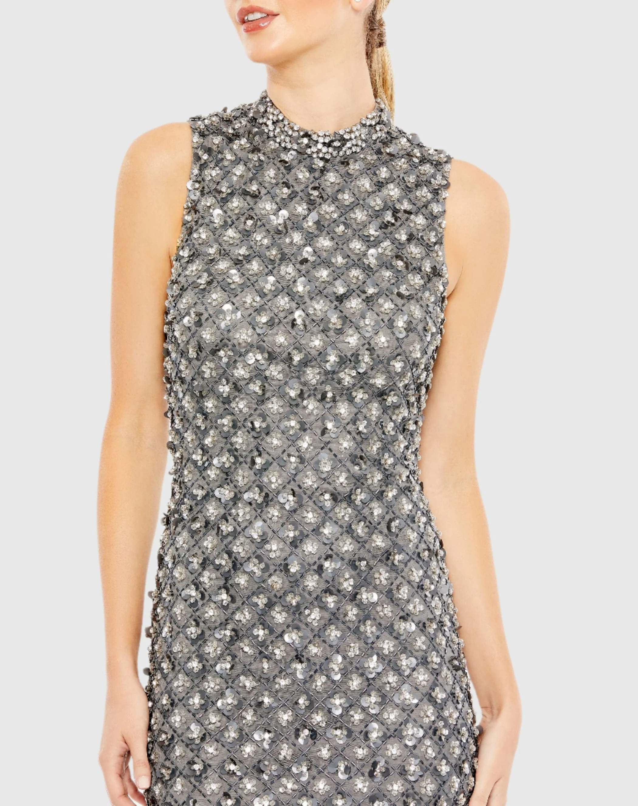Gray Embellished High Neck Sleeveless Column Dress
