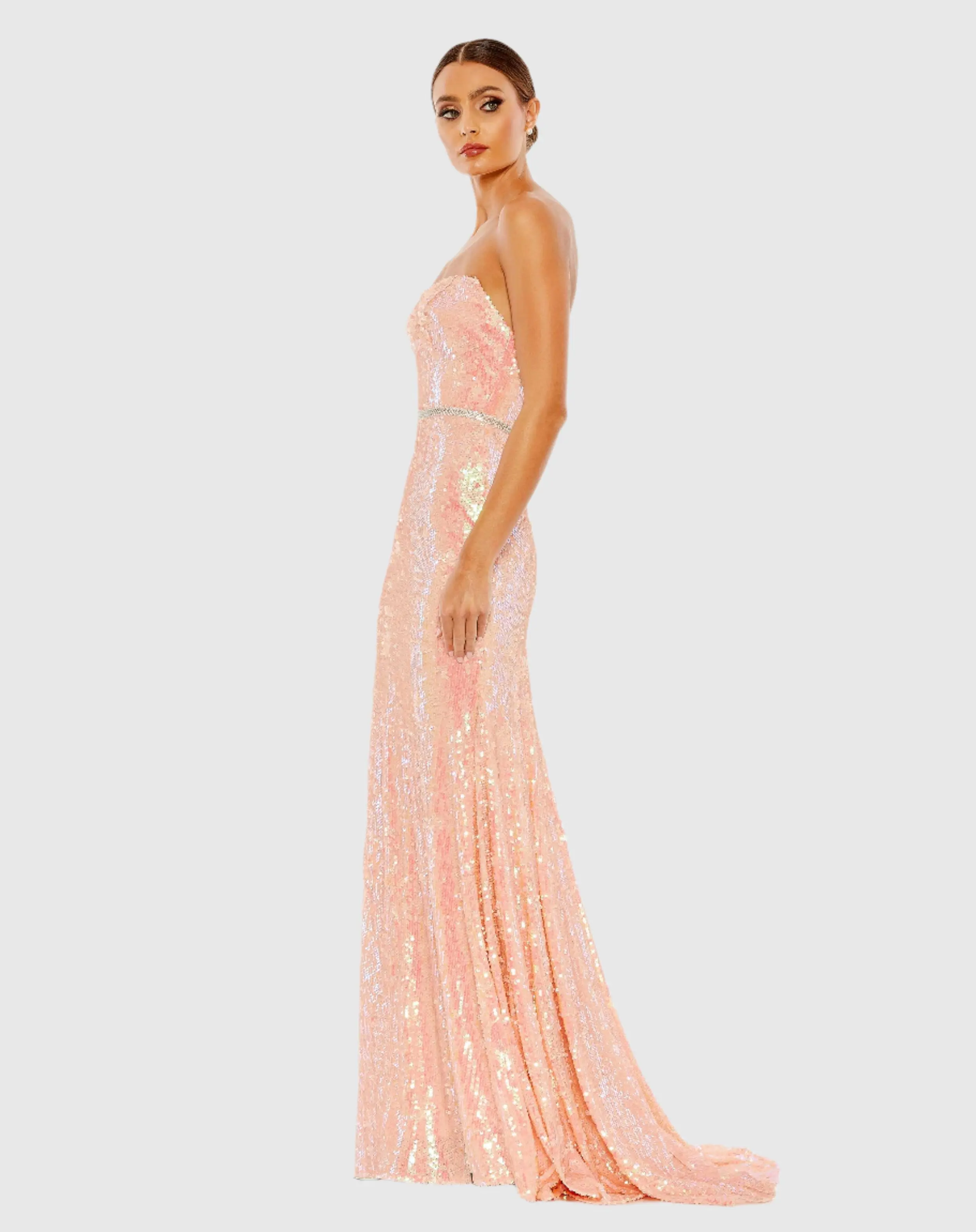 Pink Sequined Strapless Rhinestone Belt Gown
