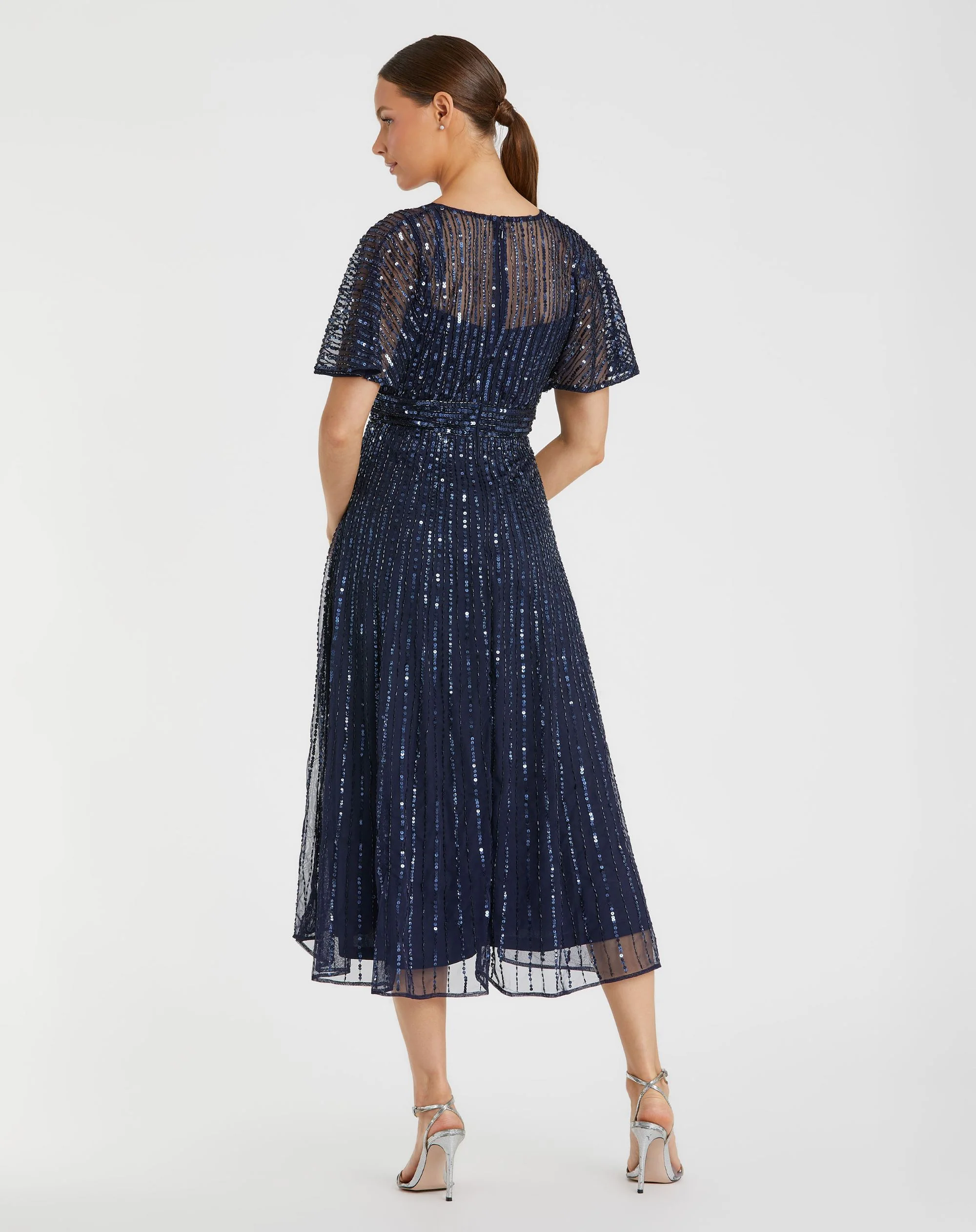 Navy A Line Embellished Short Sleeve Dress