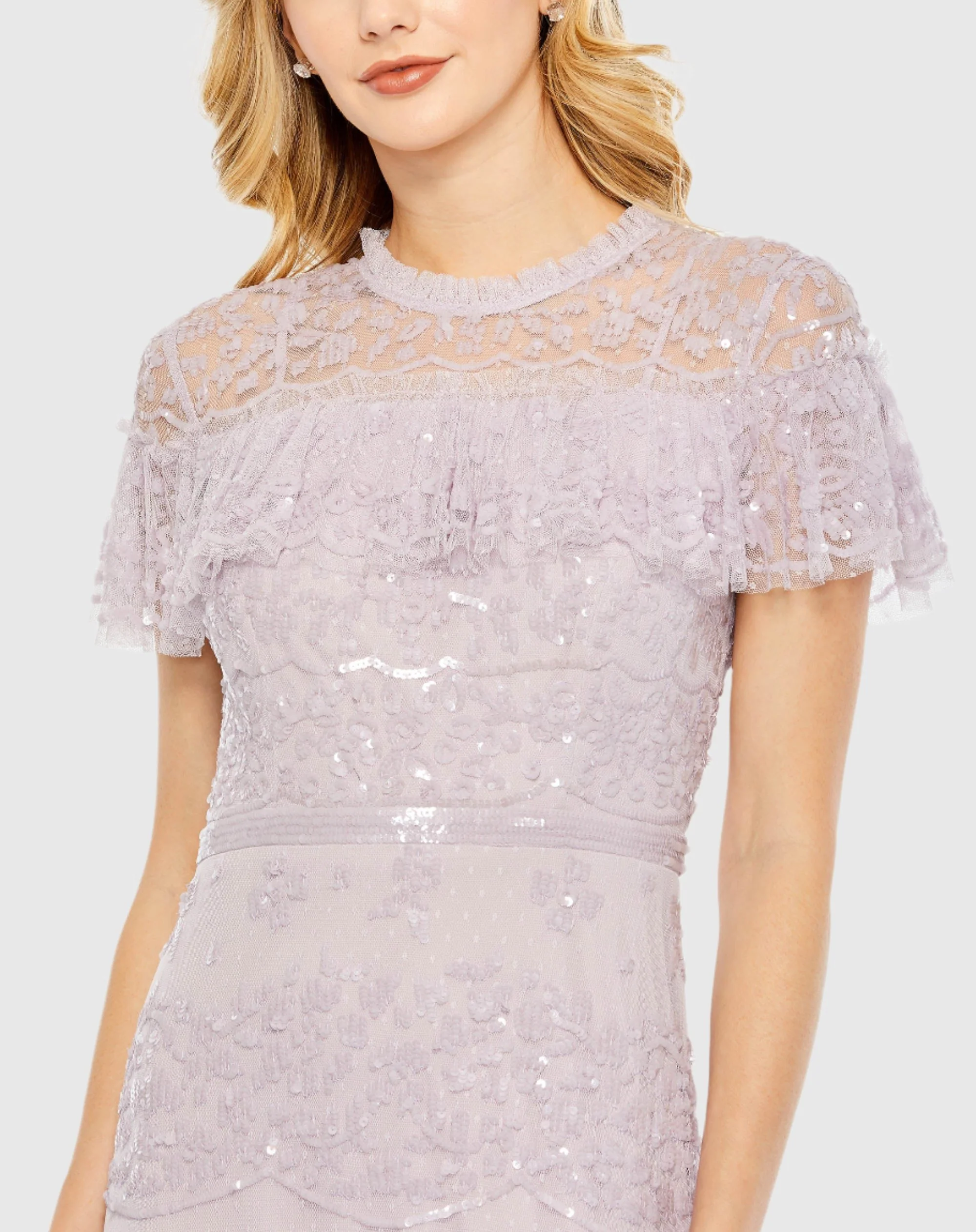 Purple Embellished Cap Sleeve Ruffle Tiered Gown
