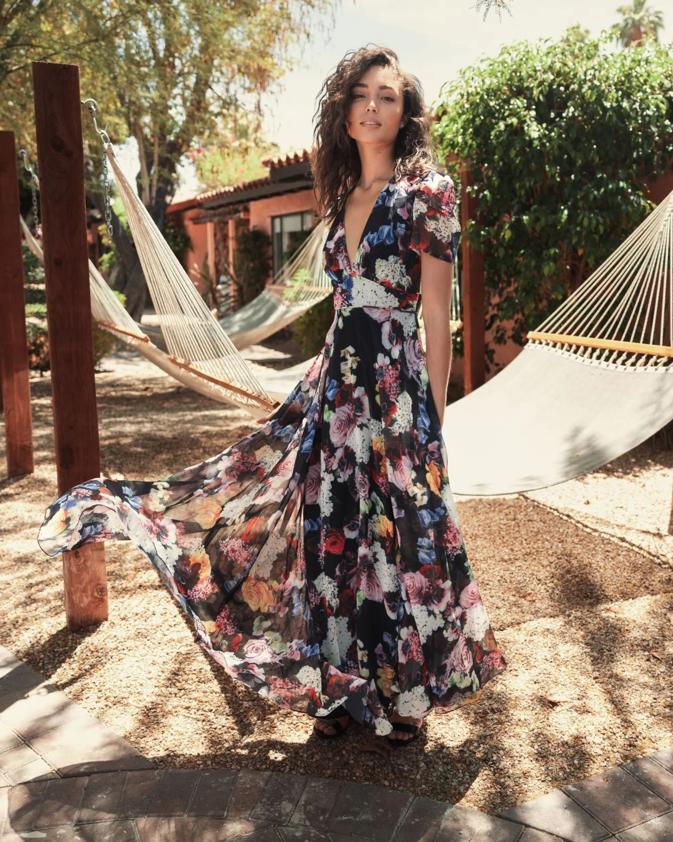 Black Floral Print Mesh Cap Sleeve Gown