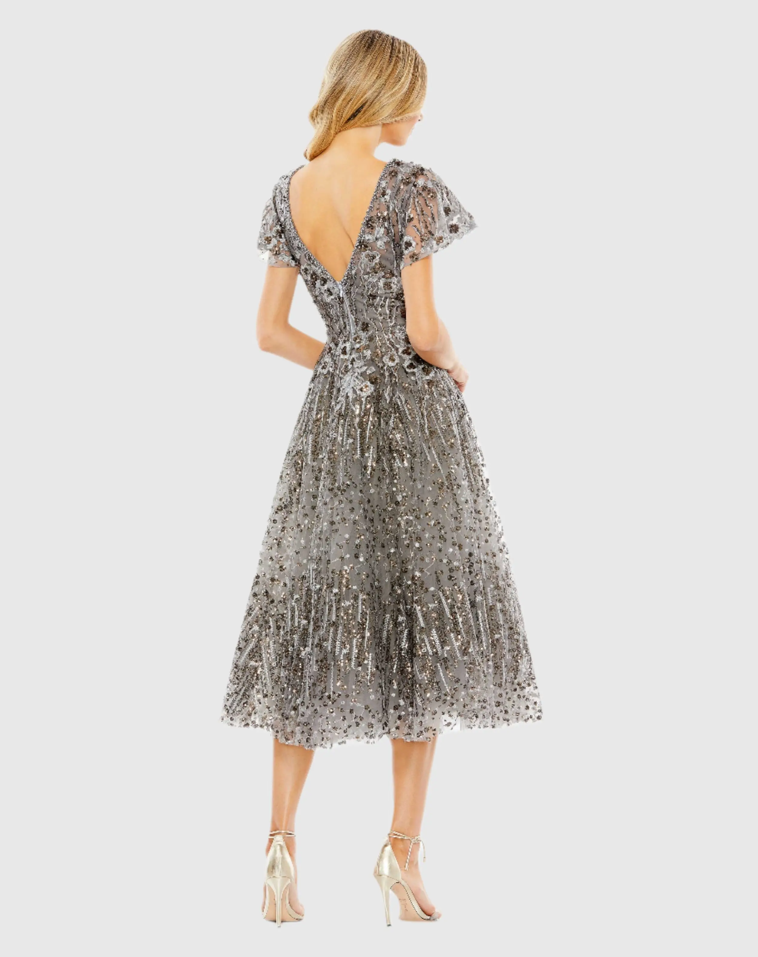 Gray Embellished Butterfly Fit and Flare Tea-Length Dress