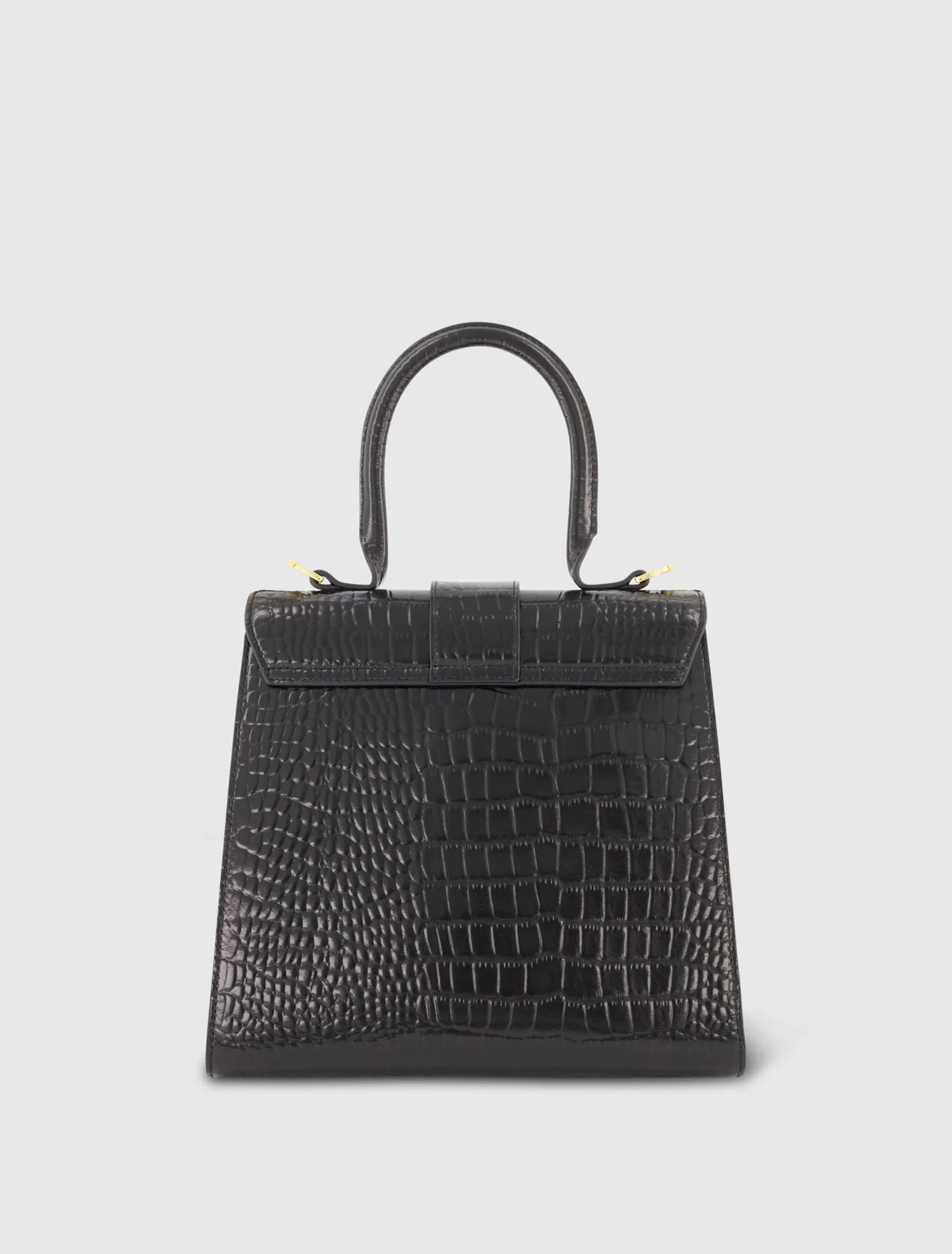 Buckled Medium Croco Black Leather Handbag with Detachable Strap
