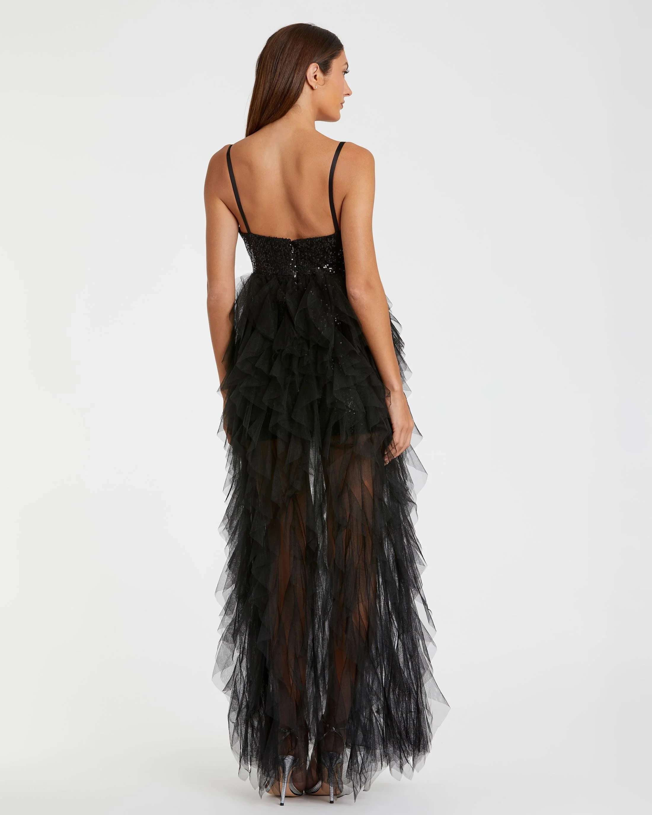 Black Sequin Mini with High Low Ruffle Tiered Train