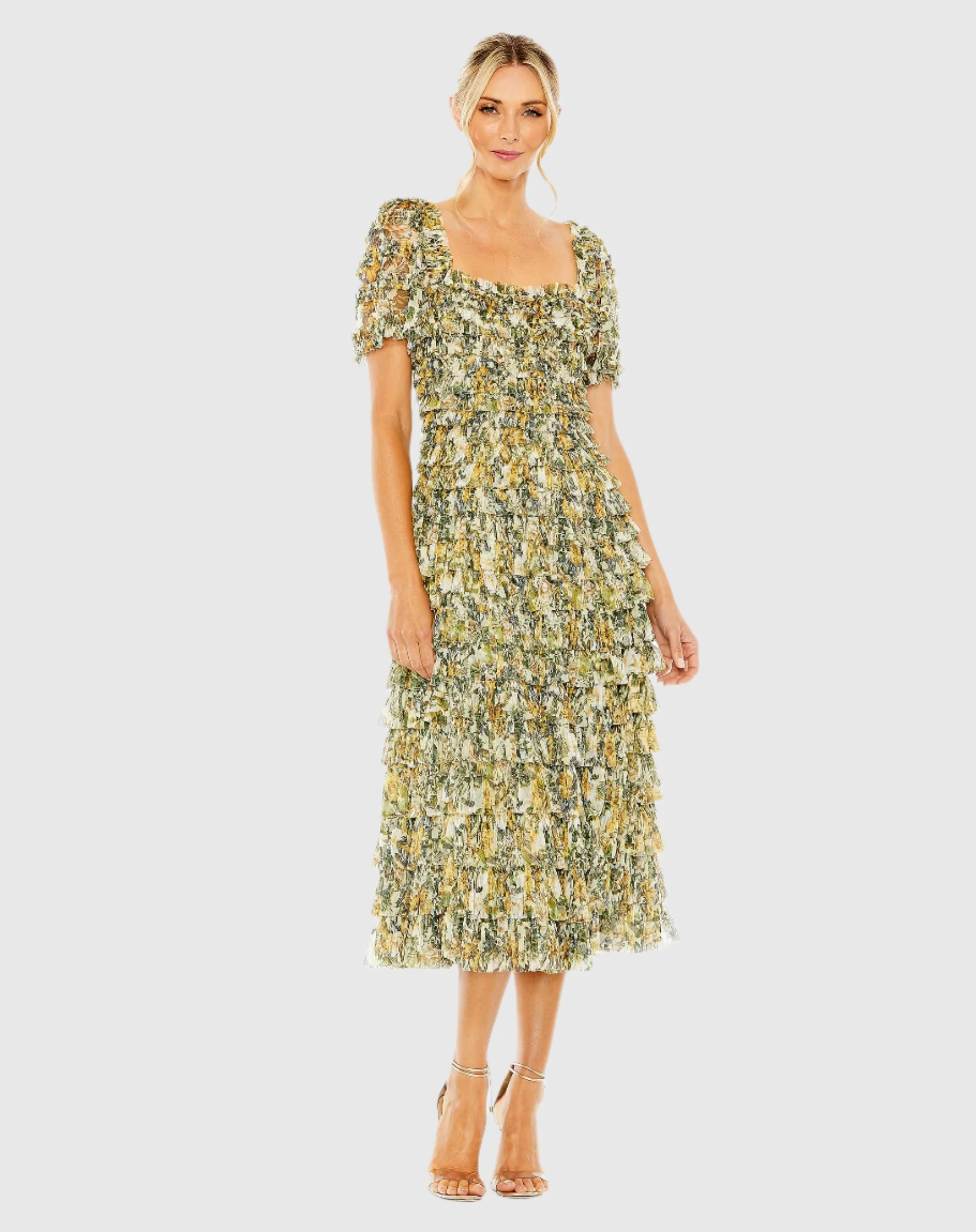 Short Sleeve Micro Ruffle Tea Length Dress