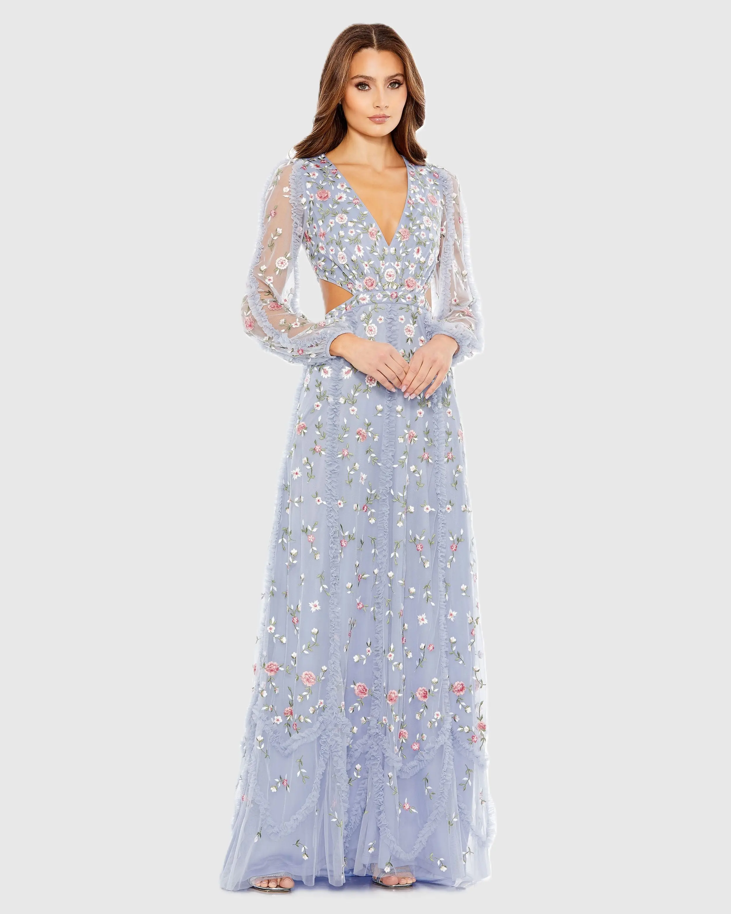 Long Sleeve Embellished Cut Out A-Line Gown