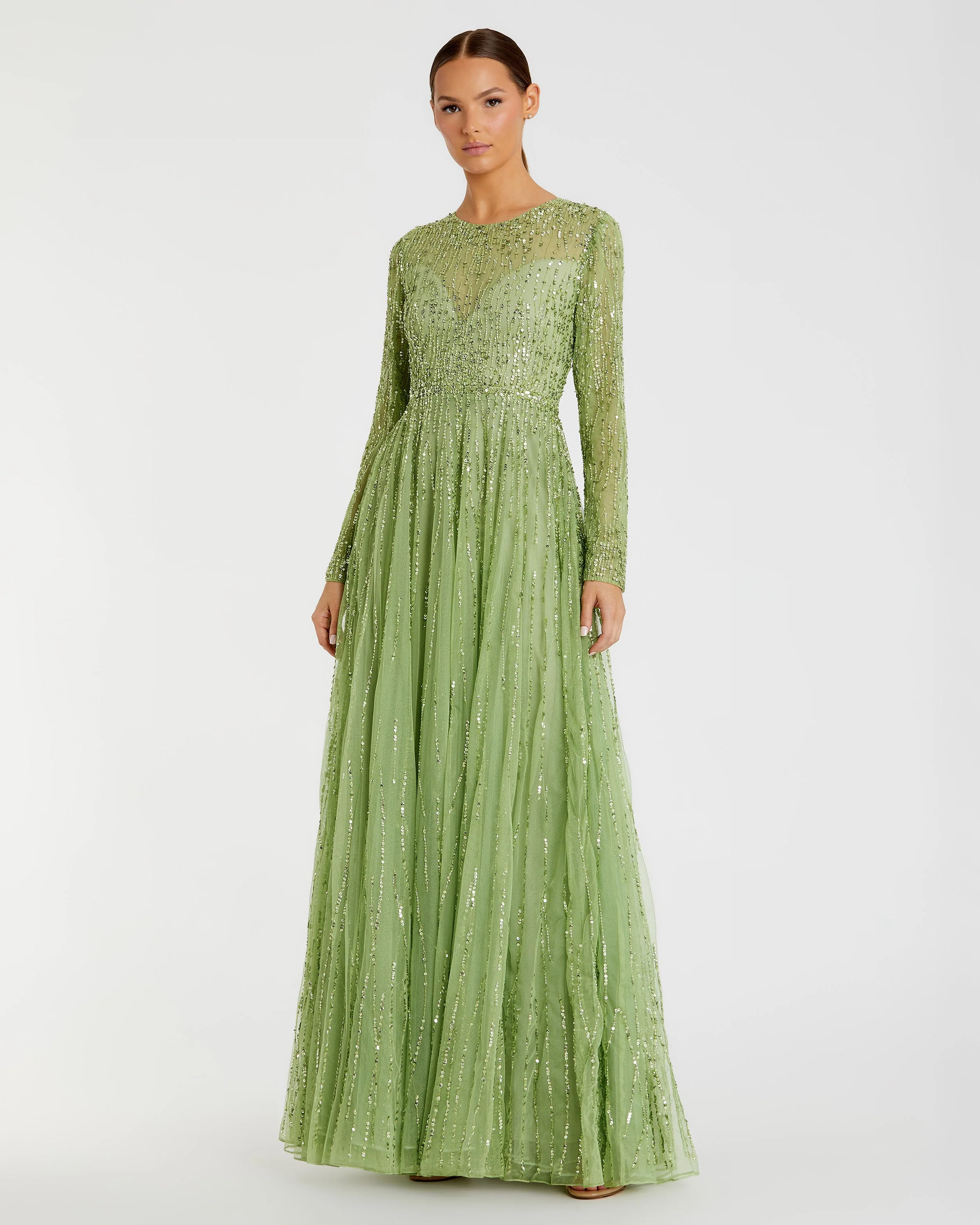 Green Sequined Illusion High Neck Long Sleeve Gown