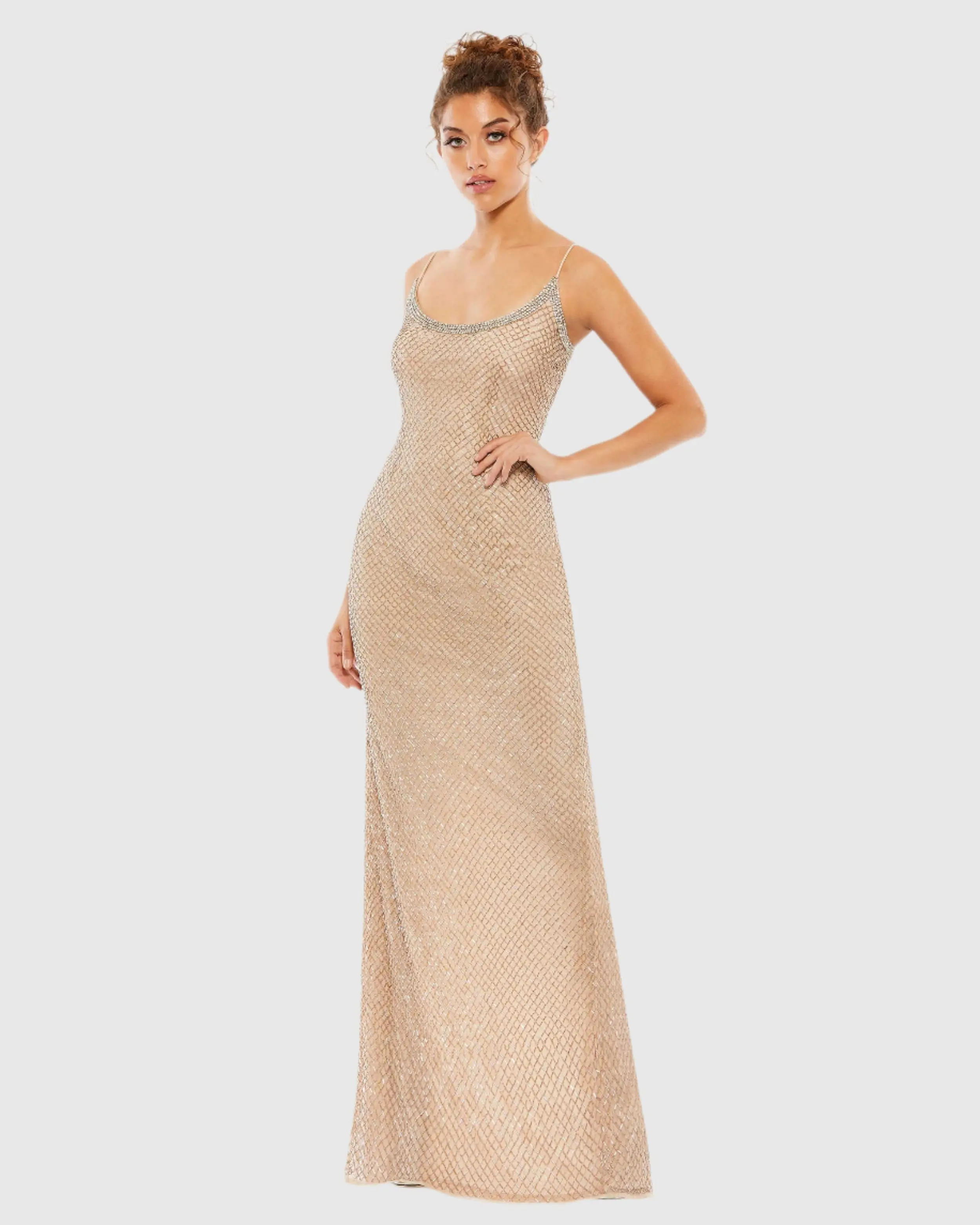 Beige Beaded Spaghetti Strap Column Gown