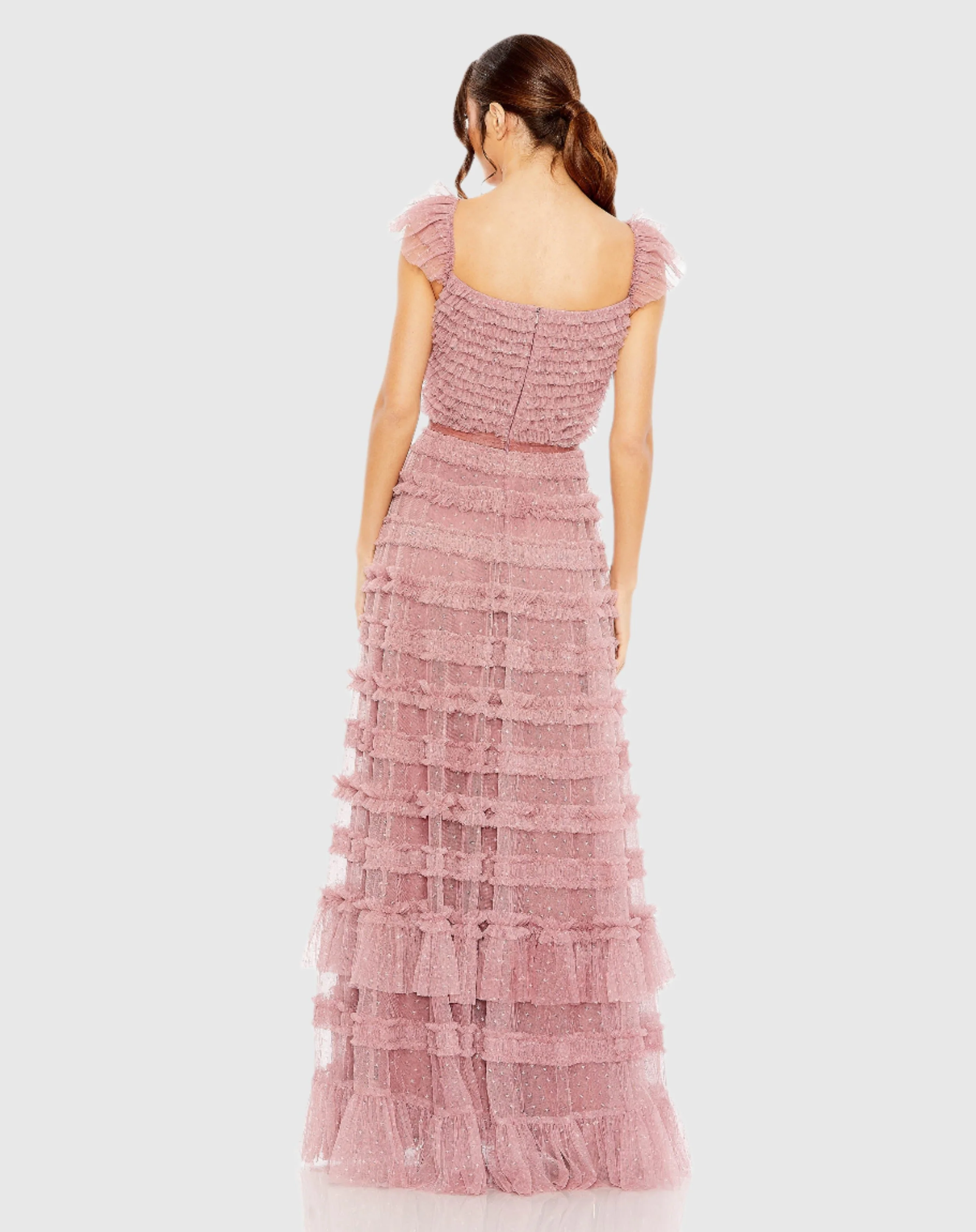 Pink Ruffle Cap Sleeve Tiered Gown