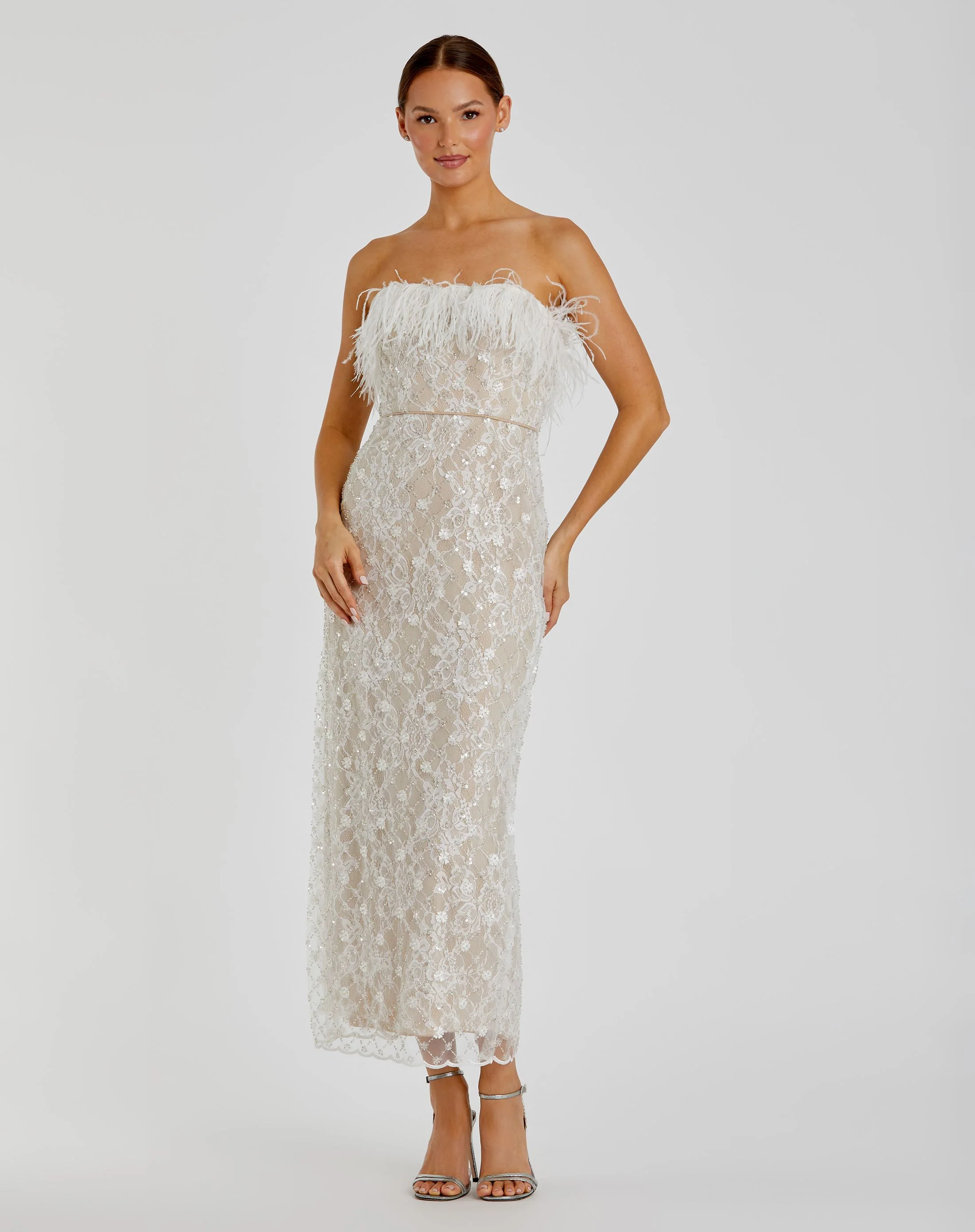 White and Beige Embellished Feather Strapless Column Dress