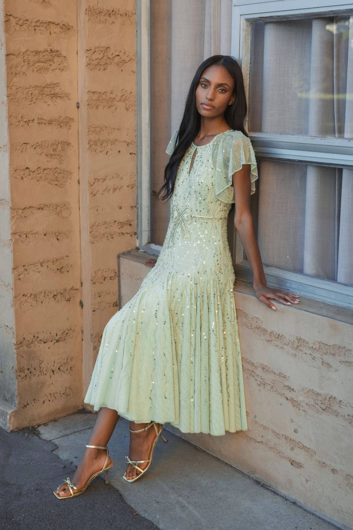 Green Embellished Bow Flutter Sleeve A Line Midi Dress
