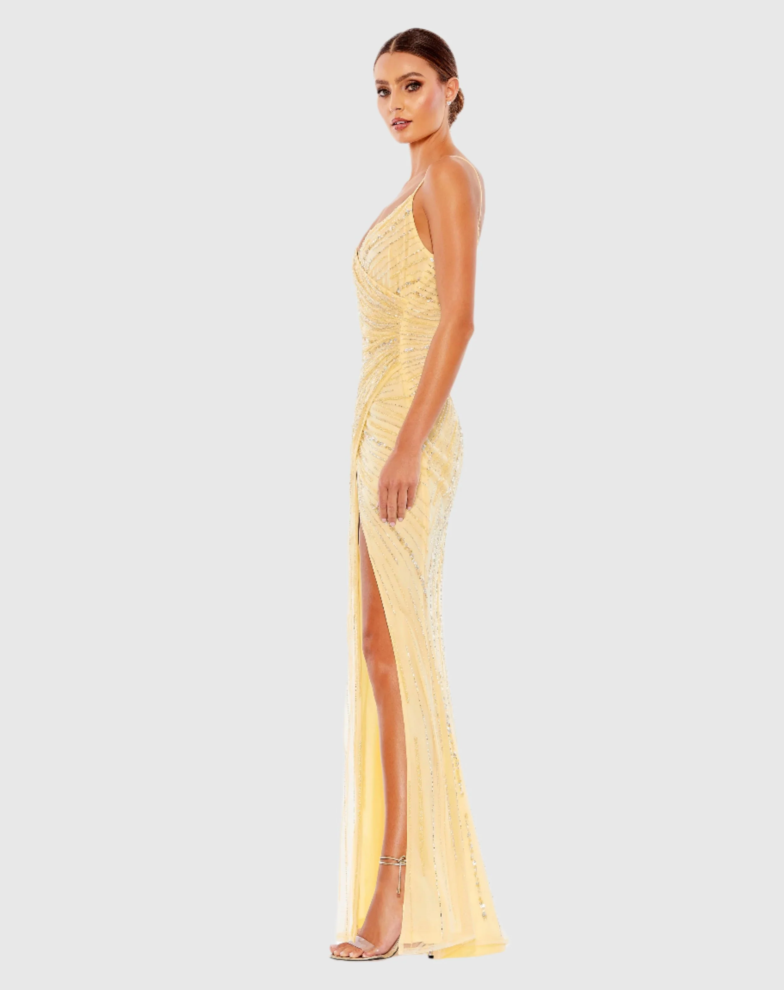 Yellow Beaded Sleeveless Faux Wrap Gown