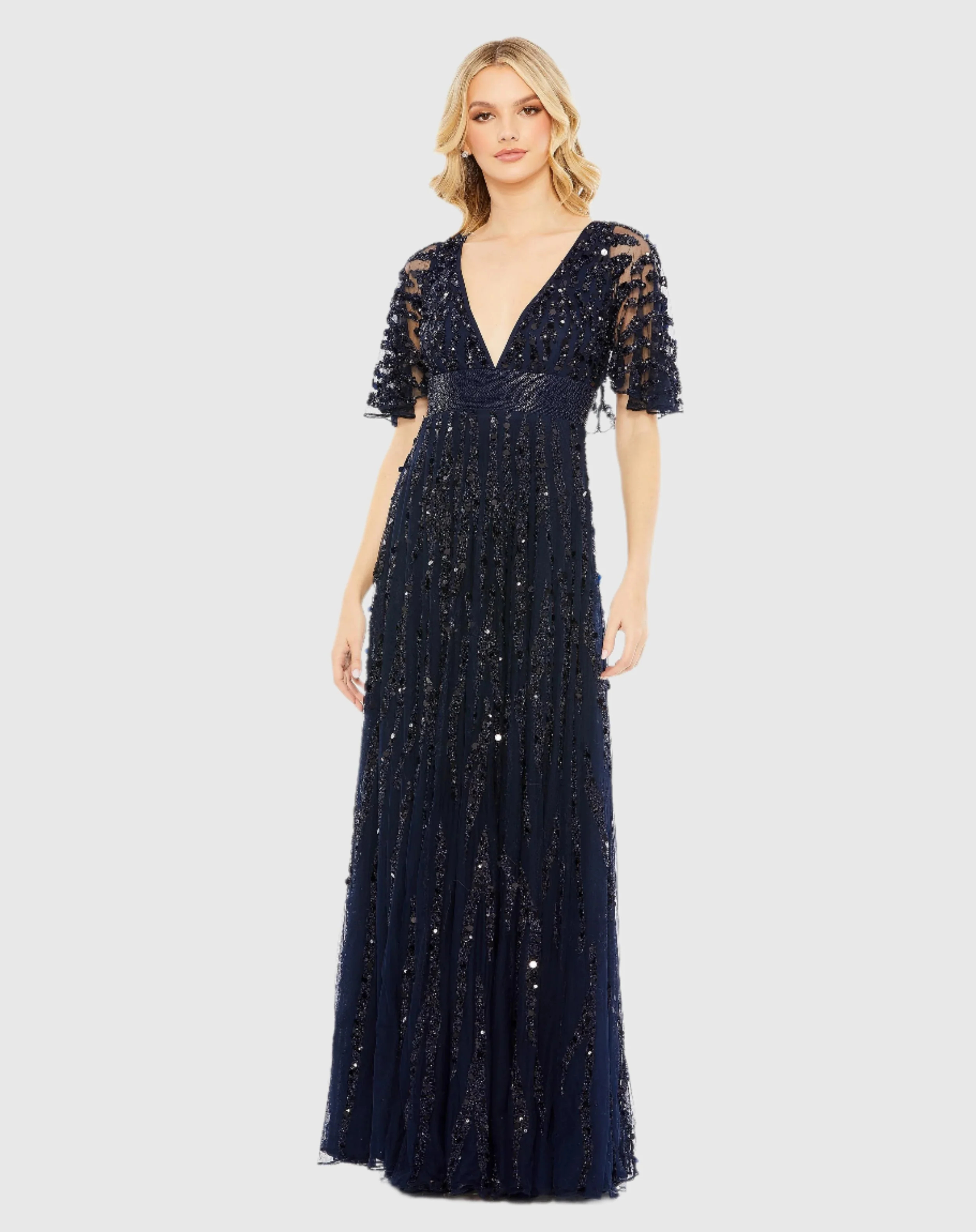 Blue Embellished V-neck Column Gown
