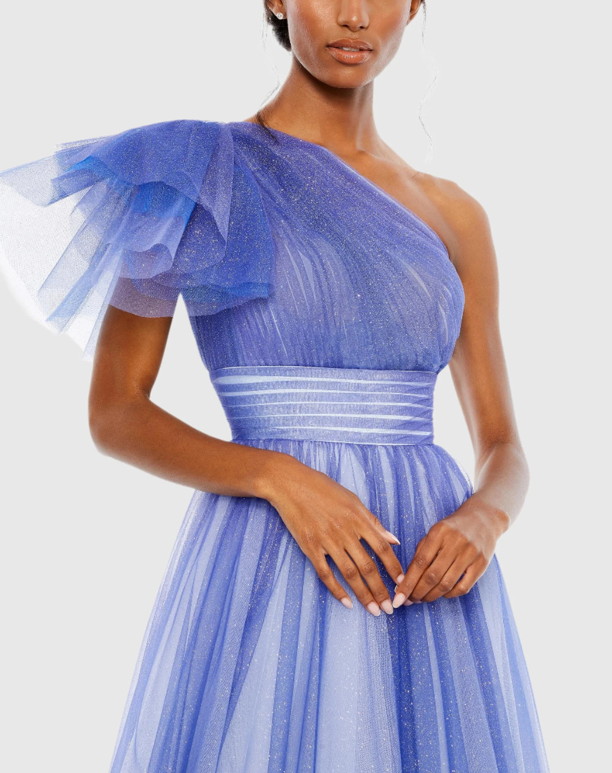 Blue Glitter Ombre Ruffled One Shoulder Ballgown