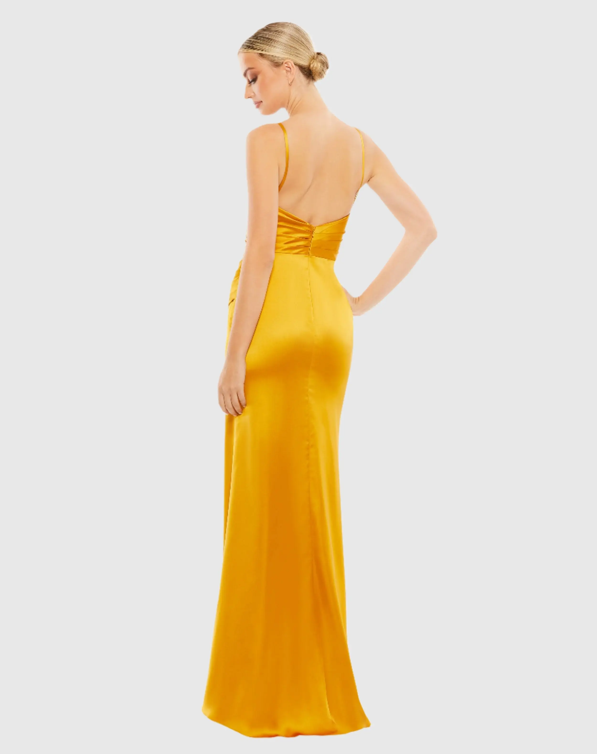Satin Sleeveless Faux Wrap Ruched Gown