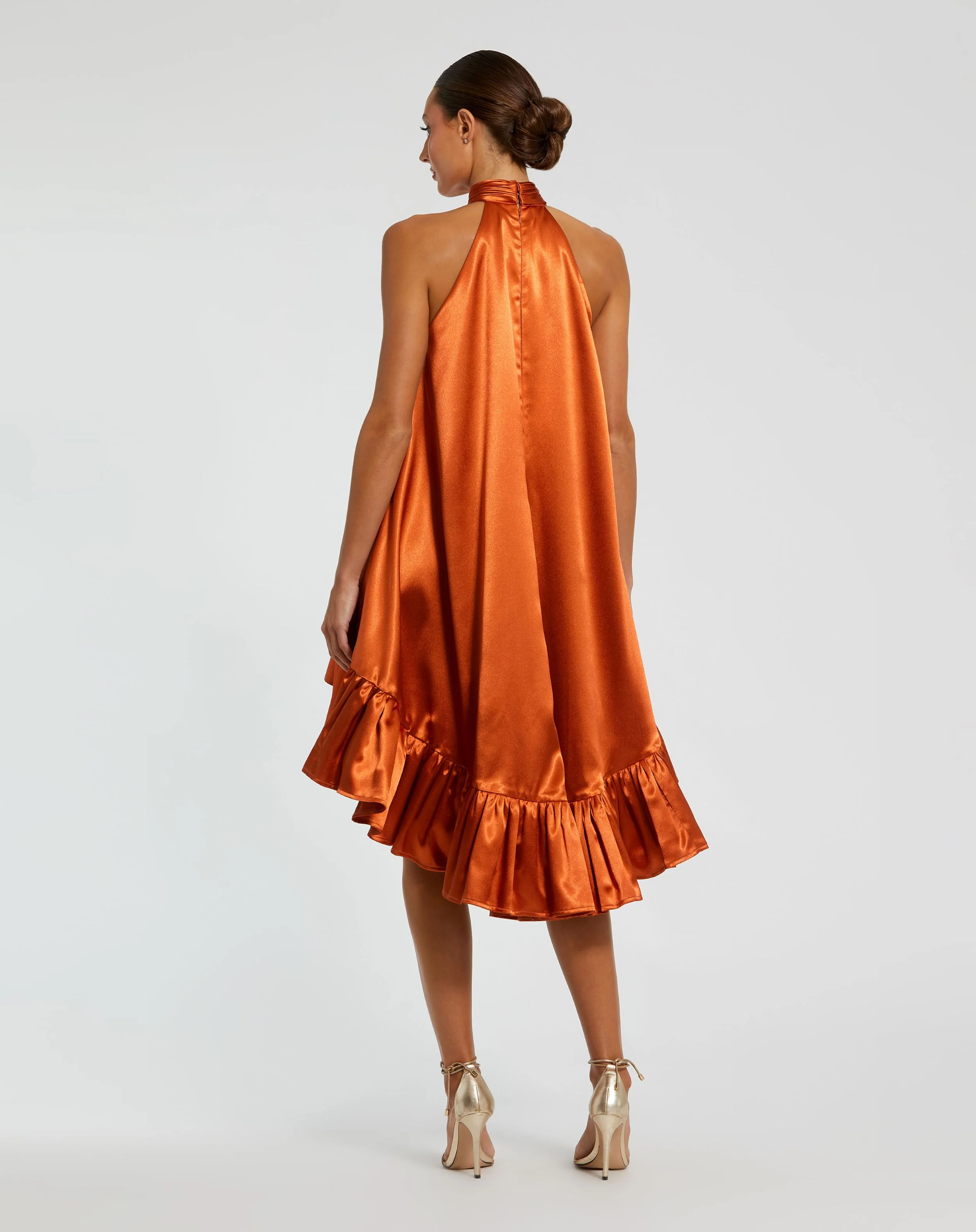 Orange High Neck Satin Mini Dress With Keyhole
