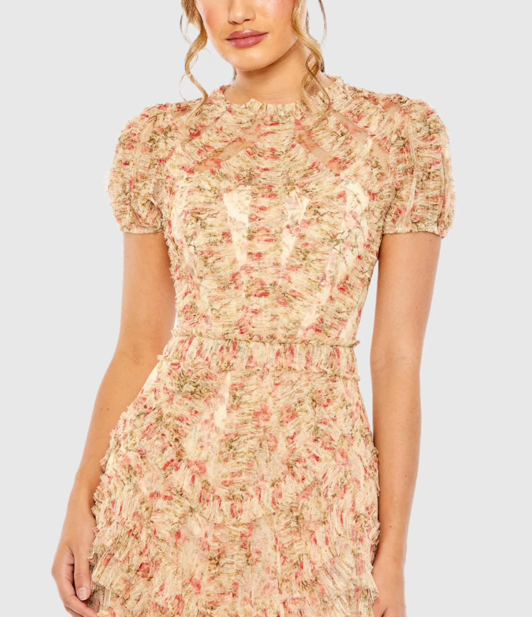 Beige High Neck Floral Mesh Ruffle Dress