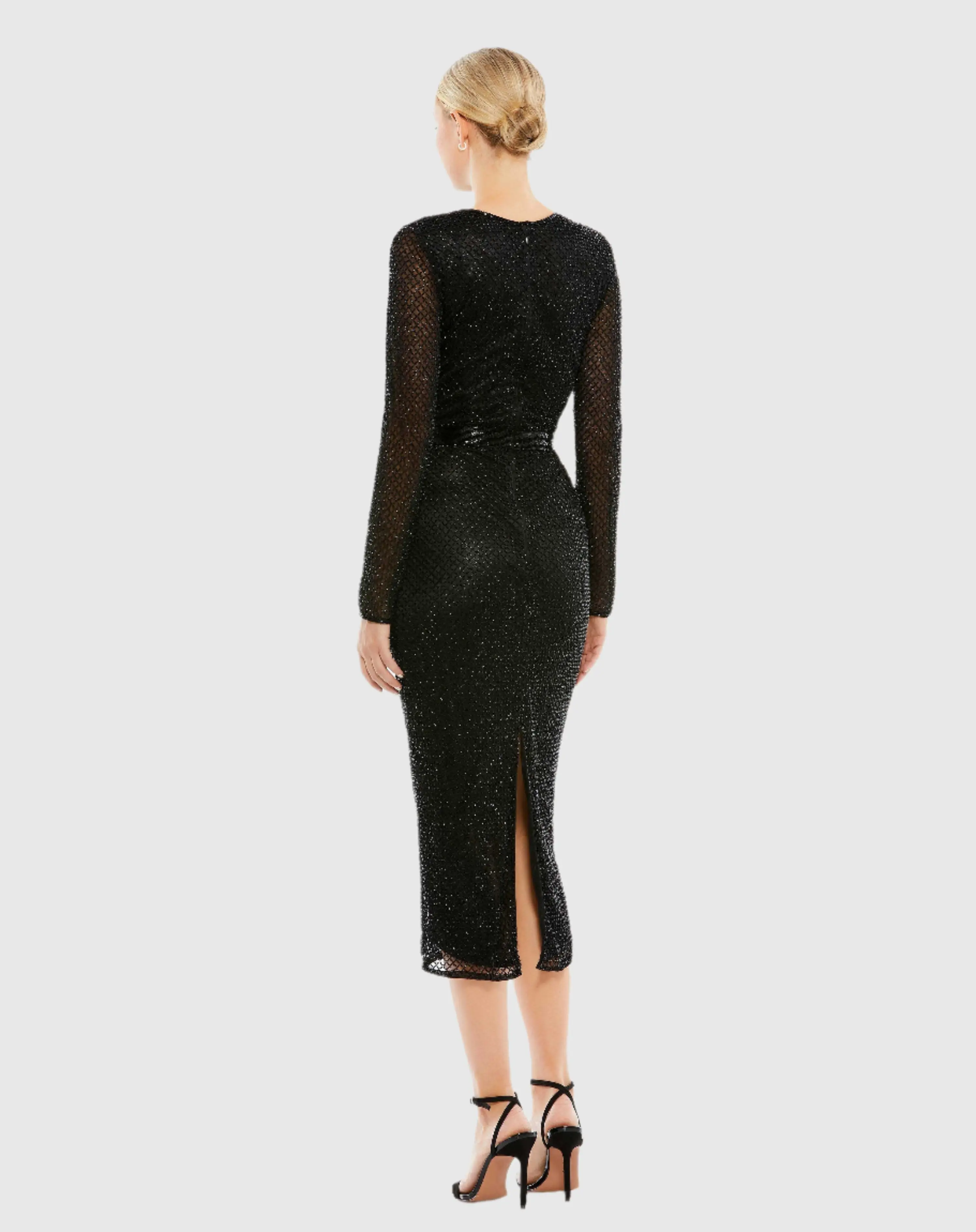 Long Sleeve Lattice Beaded Midi Cocktail Dress
