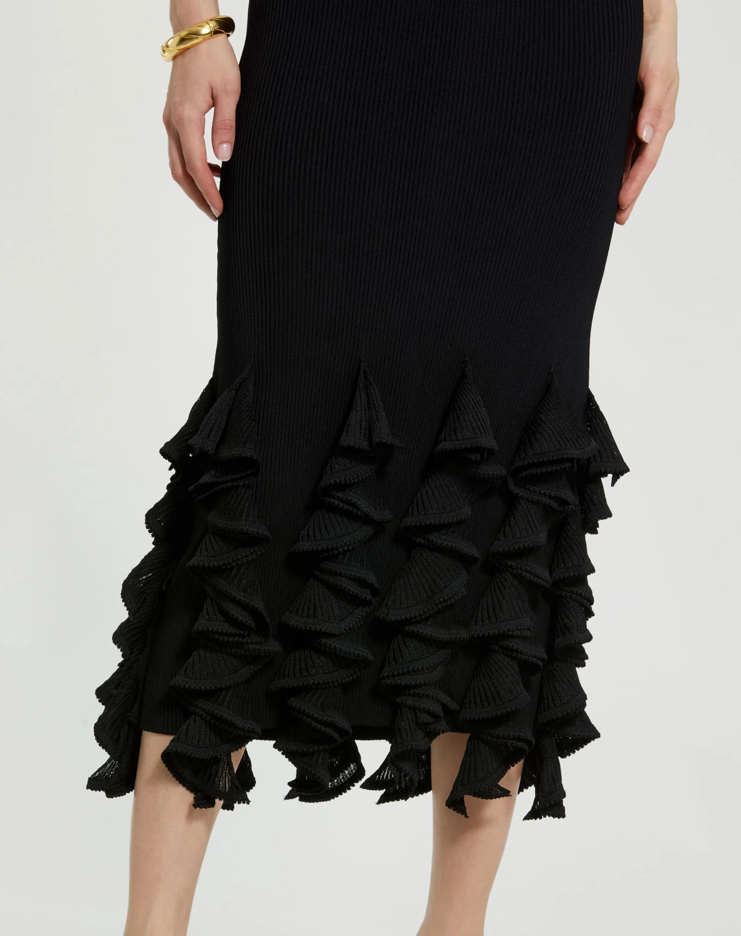 Black Rib Knit Sleeveless Midi Dress With Ruffle Hem