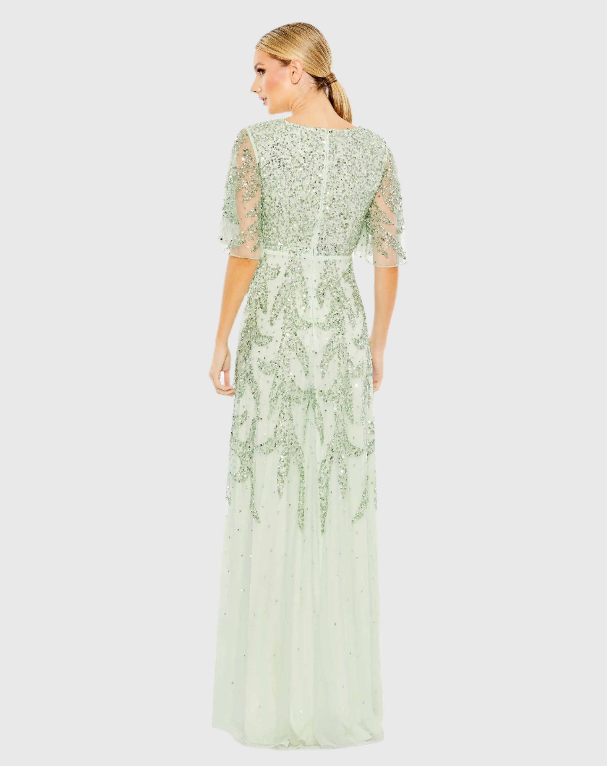 Green Sequined Butterfly Sleeve High Low Gown