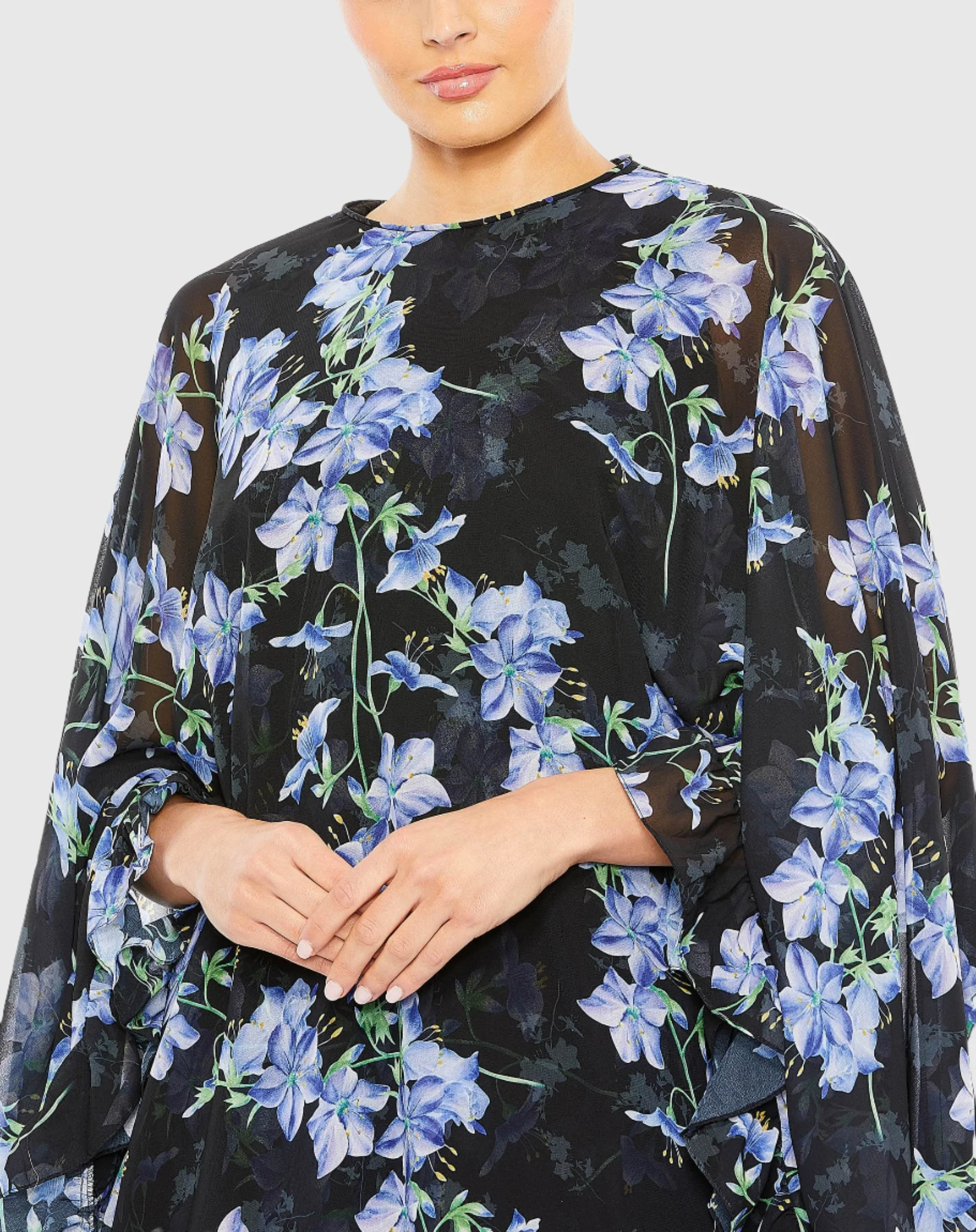 Black Floral Print High Neck Ruffle Hem Cape Mini Dress
