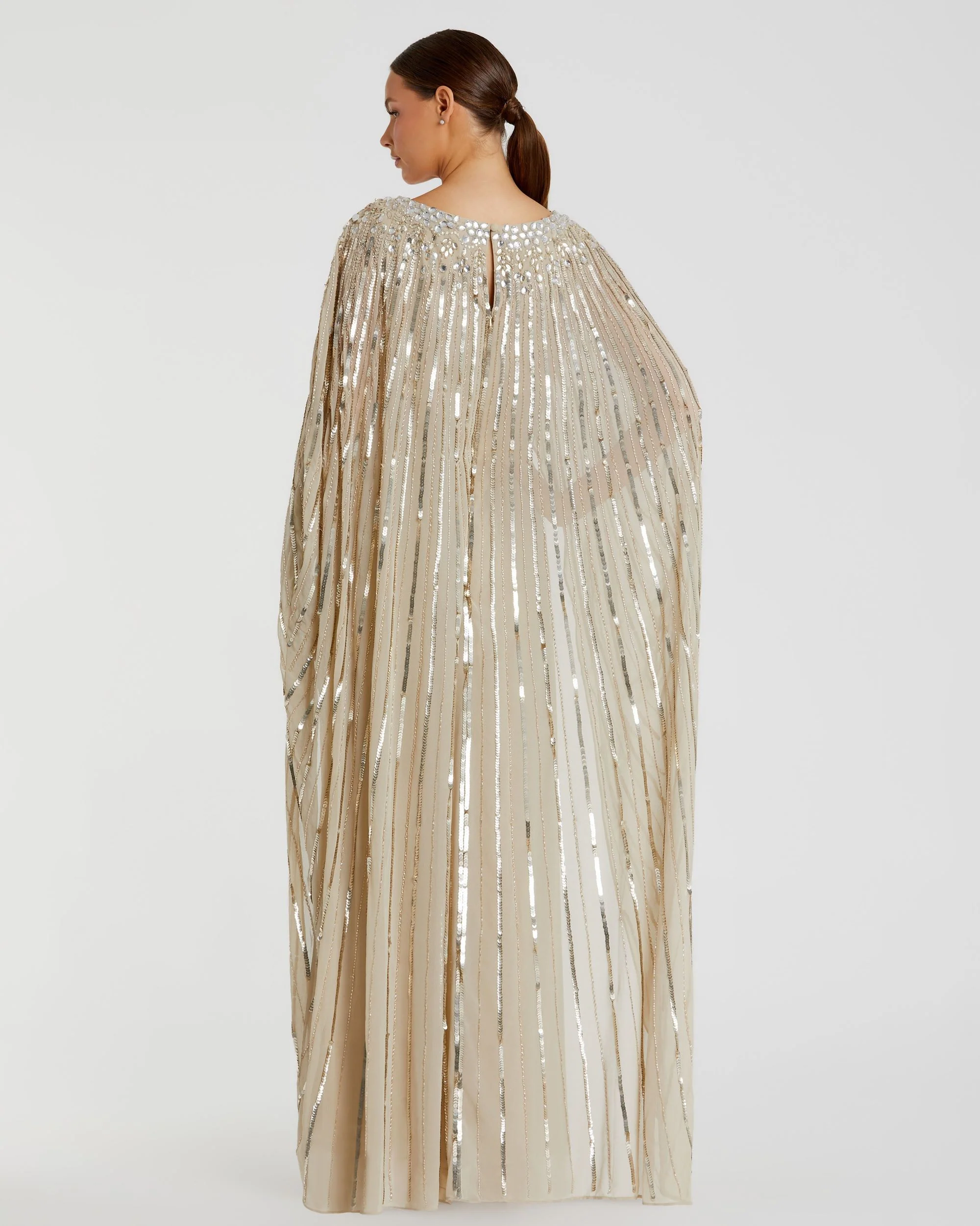 Gold Embellished Beaded Column Cape Gown