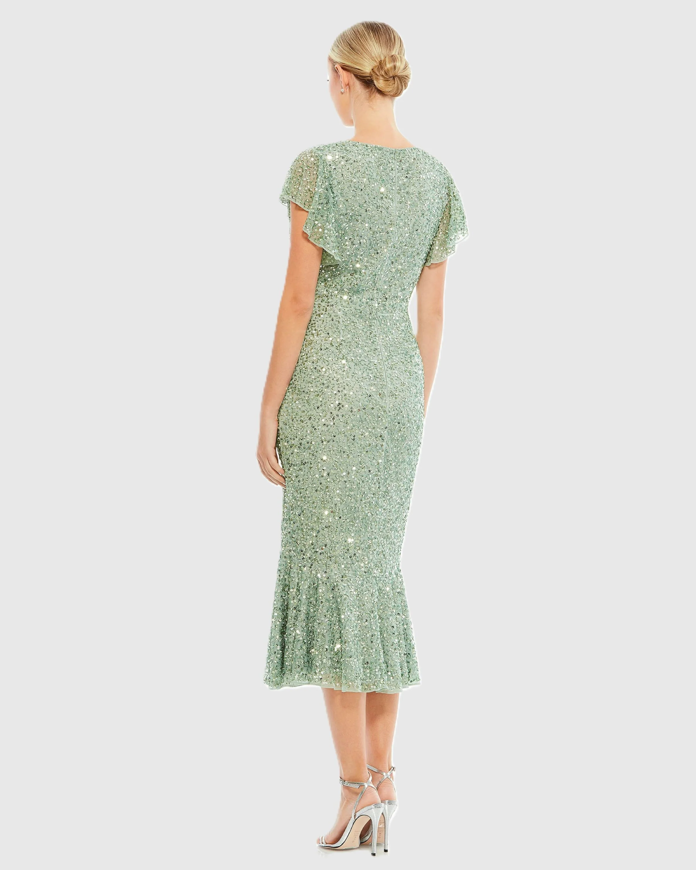 Green Sequined V Neck Flutter Cap Sleeve Trumpet Dress