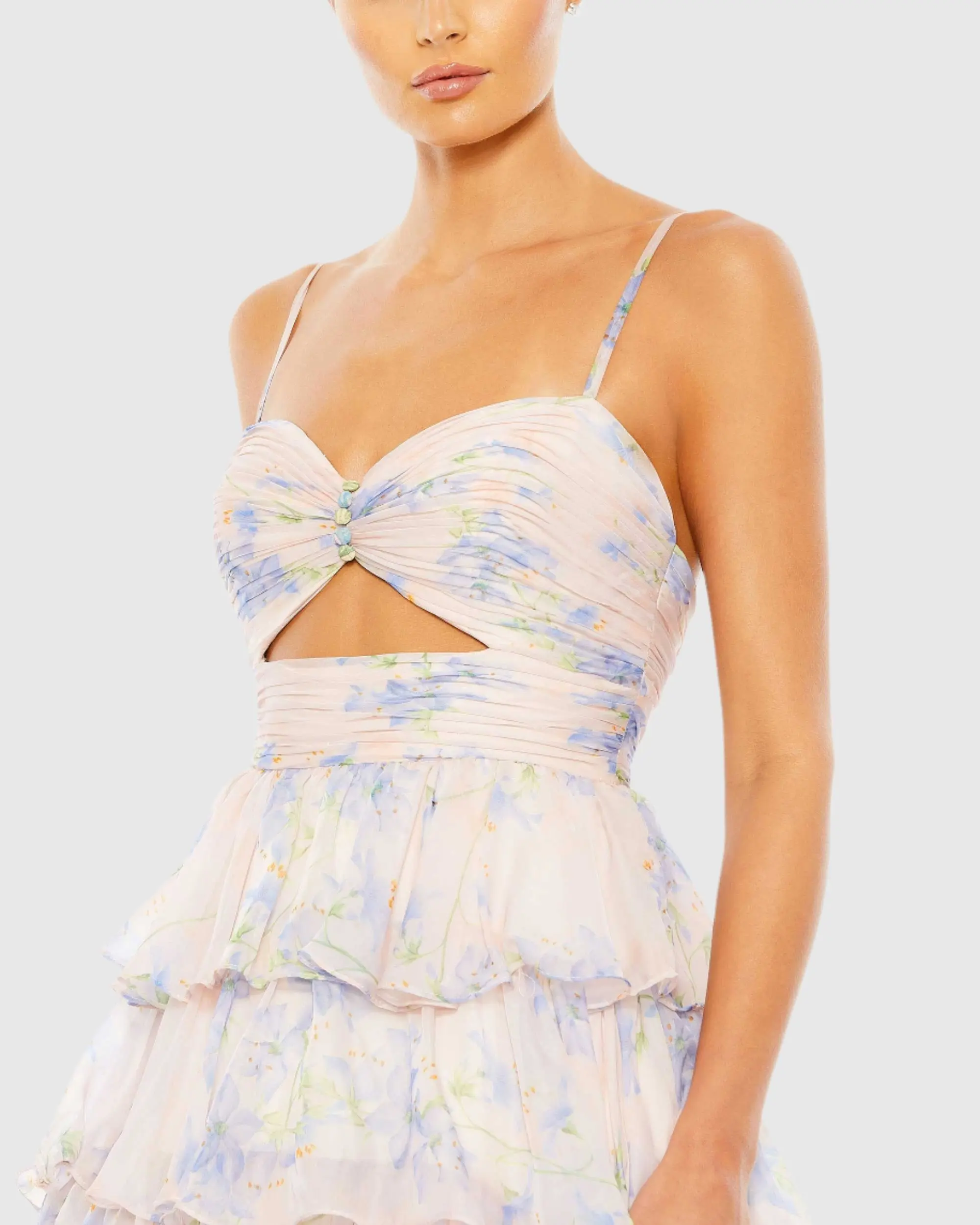 Purple Floral Cut Out Ruffle Layered Gown