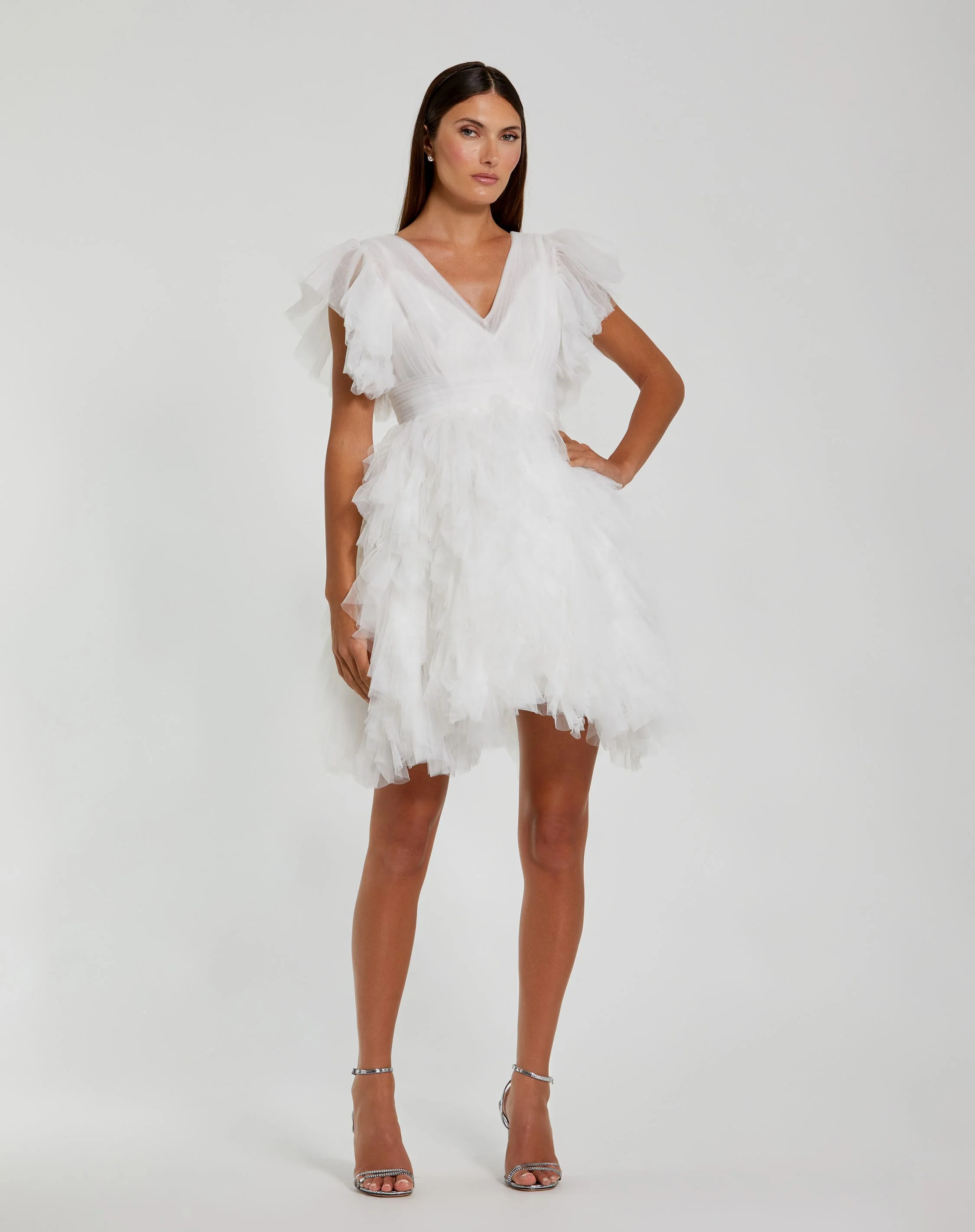 White Flutter Ruffle Sleeve Tiered Dress