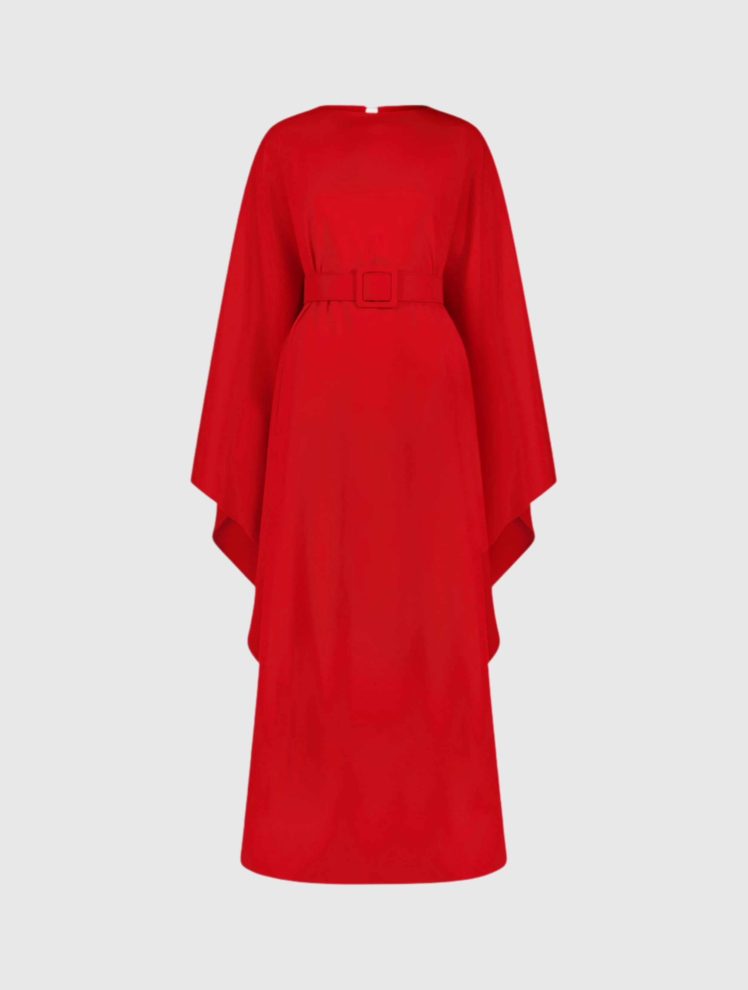 Red Crepe Boat Neck Caftan Maxi Dress With Belt