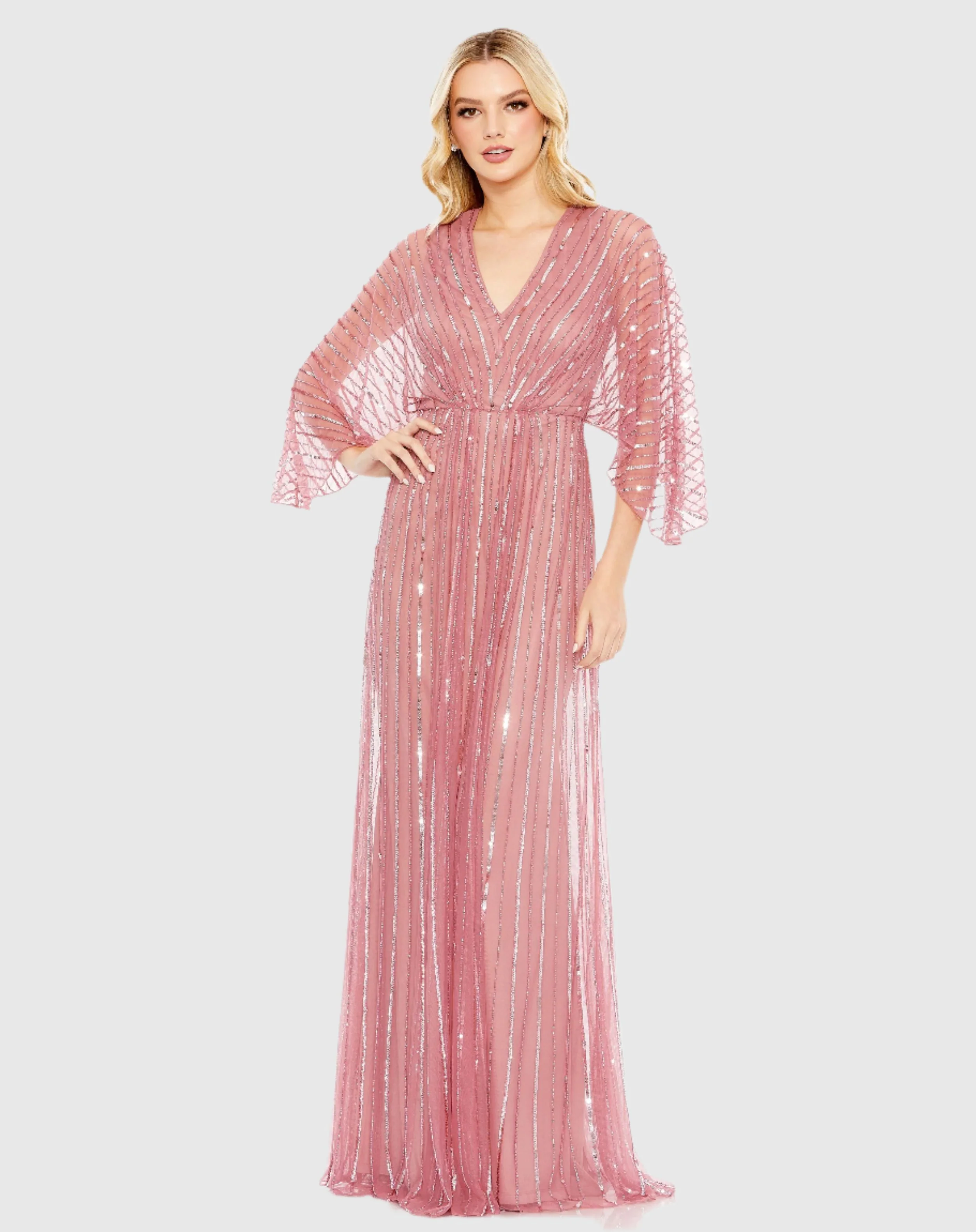 Pink Beaded Striping Kimono Sleeve V Neck Gown