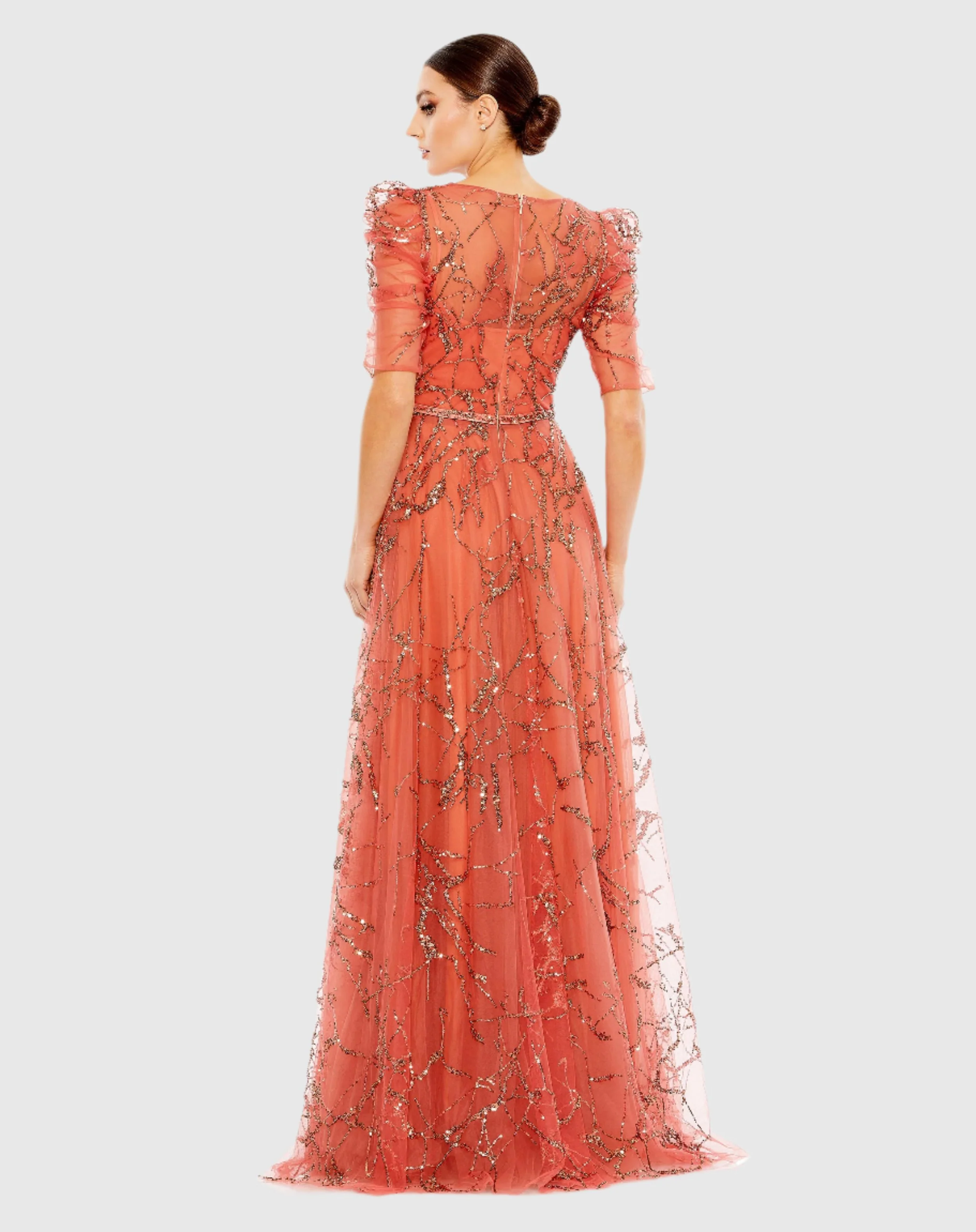Orange Embellished Gathered Puff Sleeve Faux Wrap Gown
