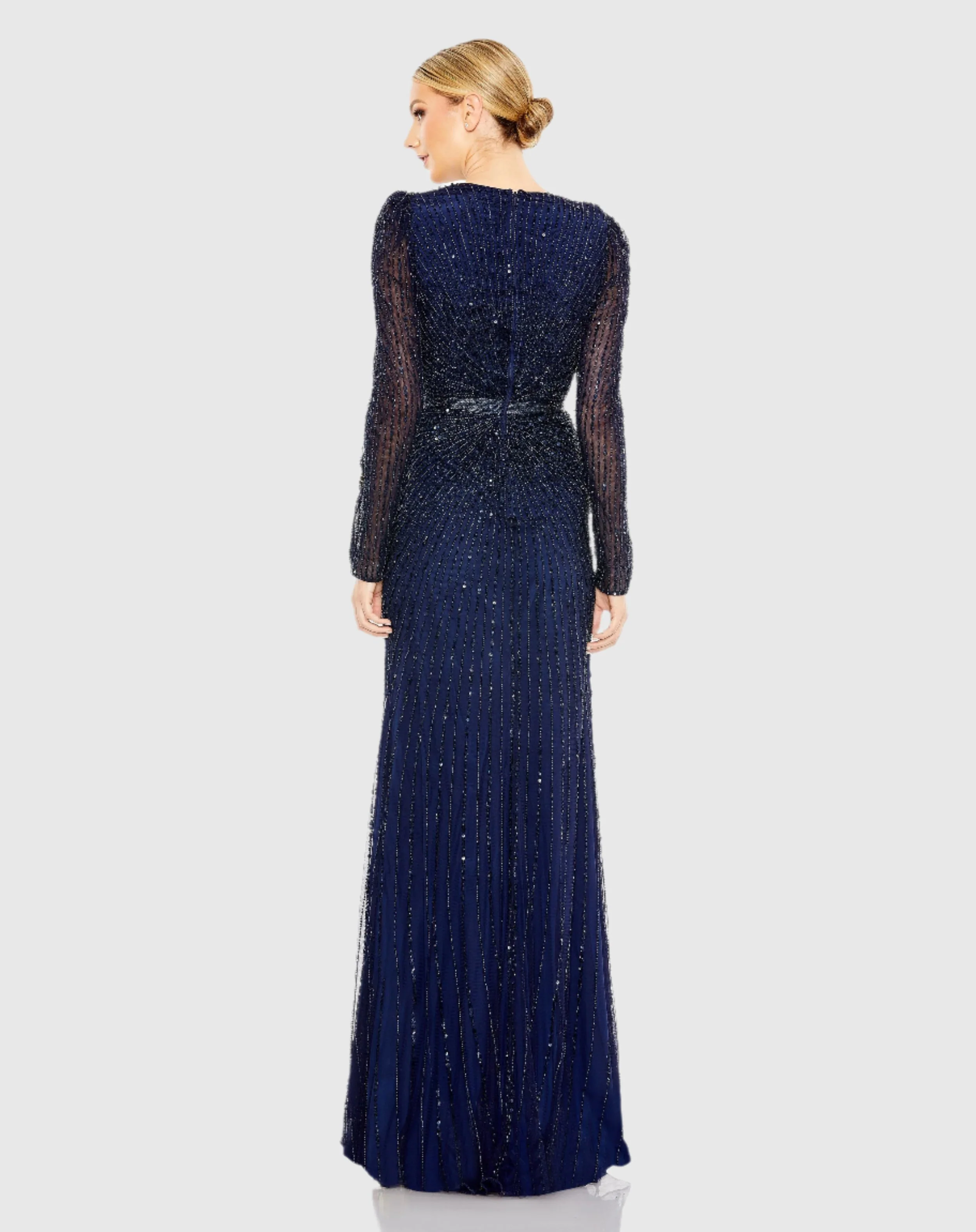 Navy Sequined Wrap Over Long Sleeve Gown