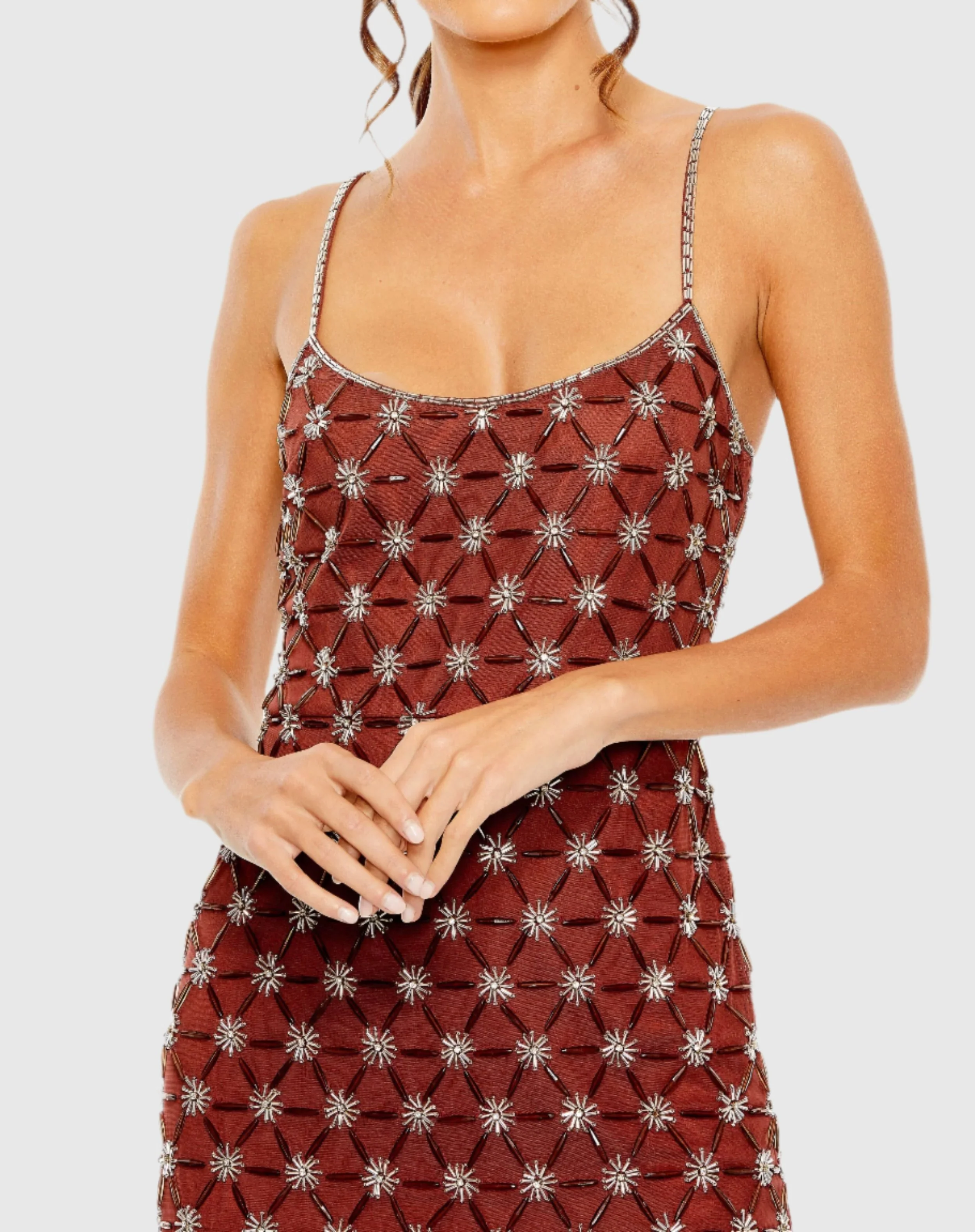 Red Scoop Neck Embellished Mini Dress