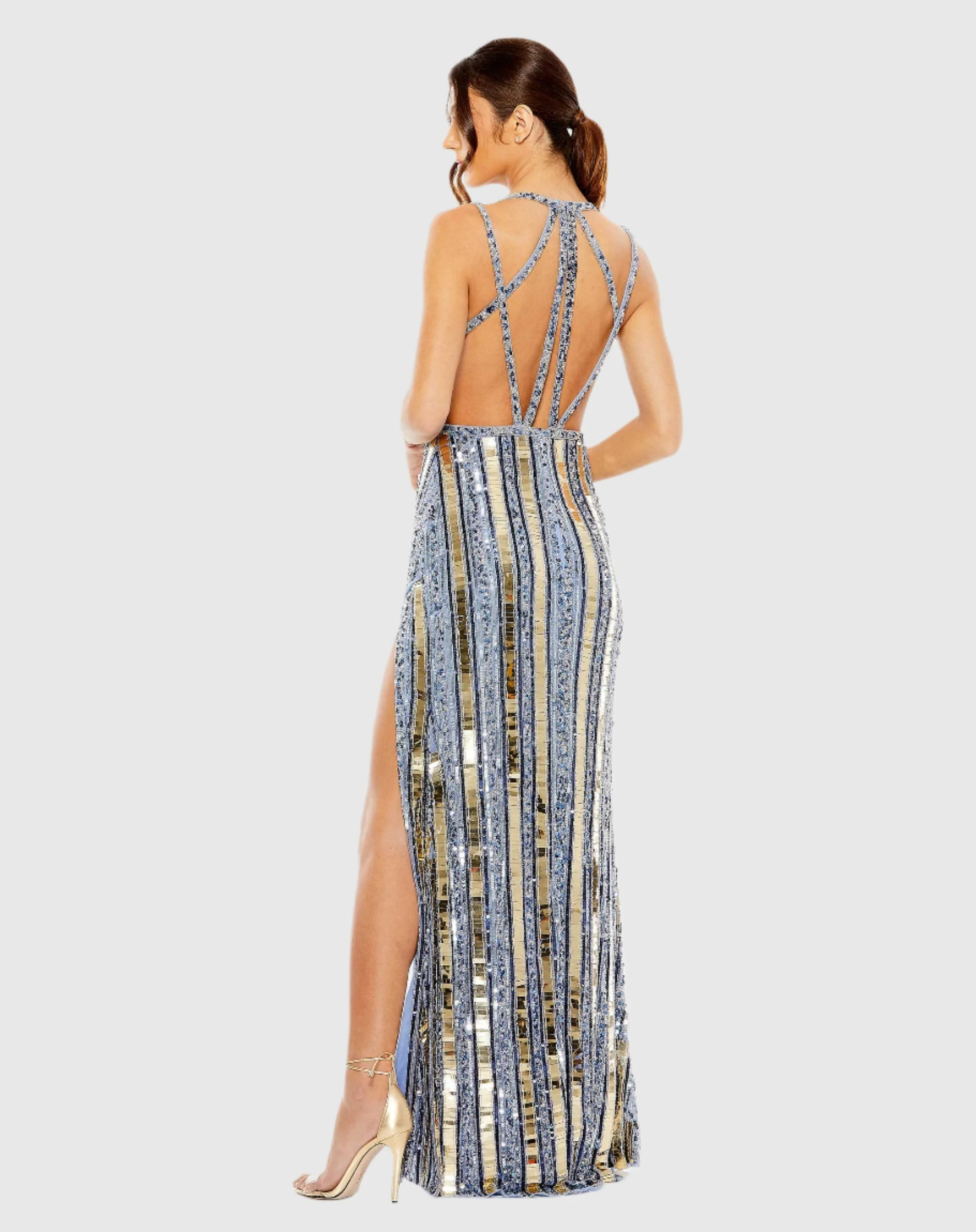 Blue and Gold Halter Neck Embellished Detailed Back Gown