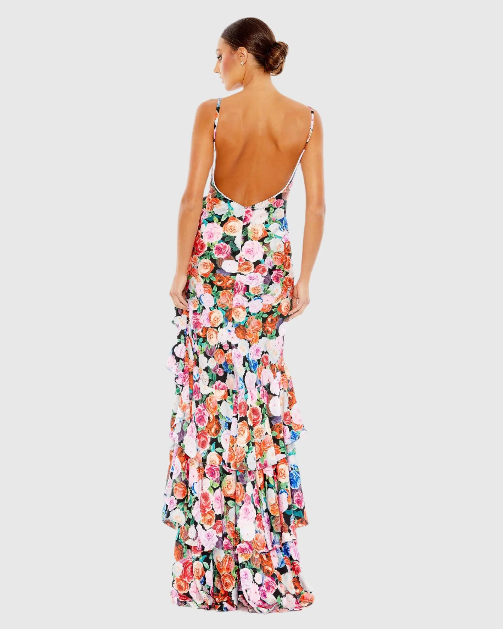 Floral Print Asymmetrical Ruffle Hem Gown