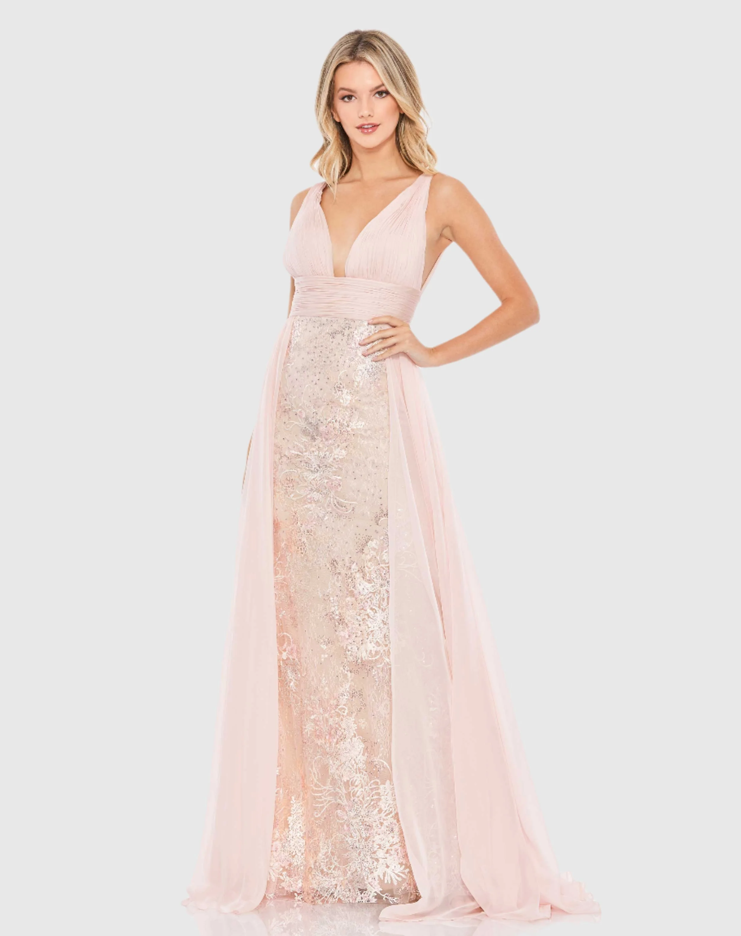 Embellished Lace Sleeveless V Neck Gown