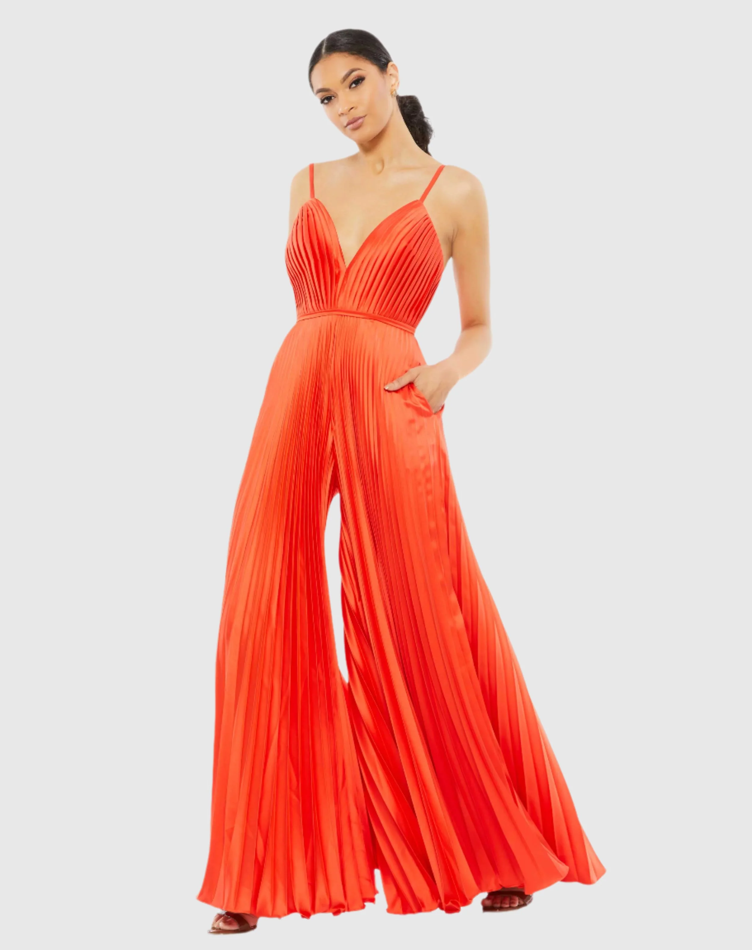 Orange Pleated Plunge Neck Wide Leg Jumpsuit