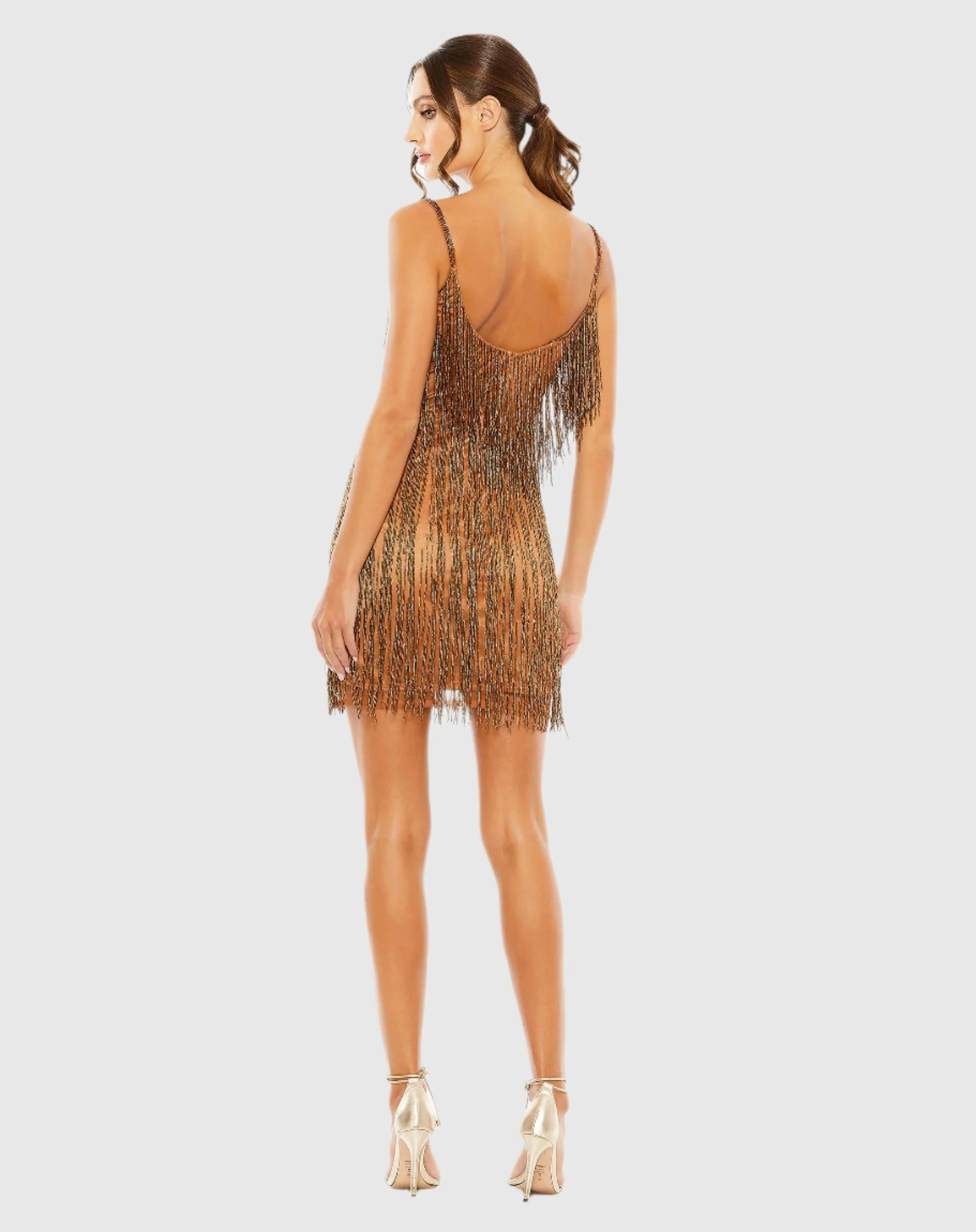Brown Scoop Neck Embellished Beaded Fringe Dress