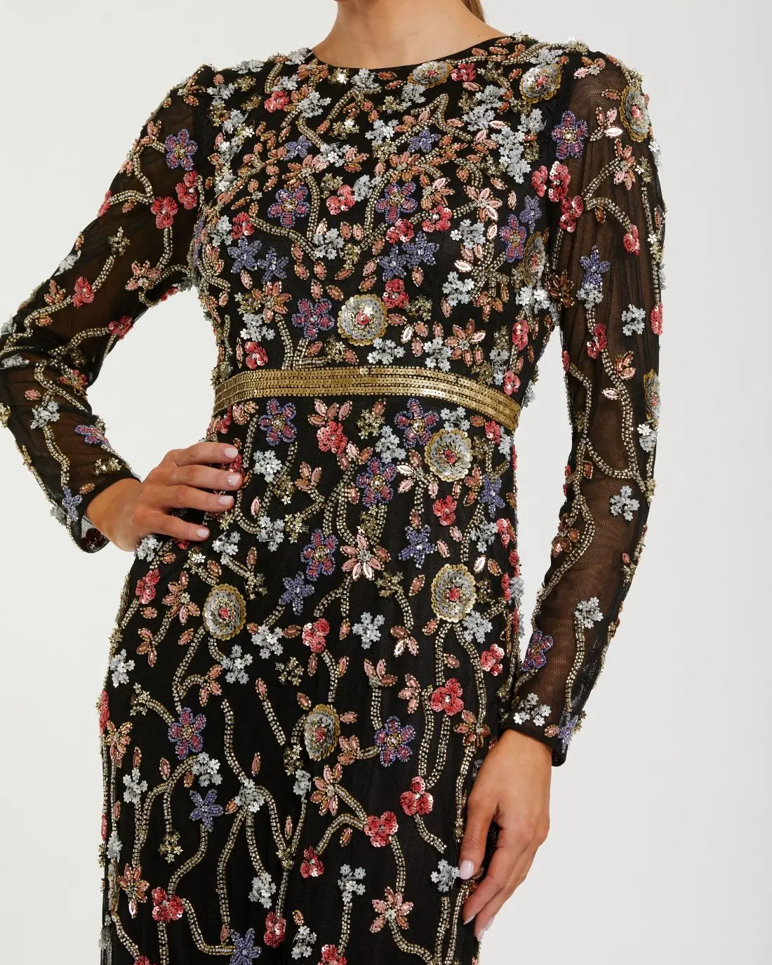 Long Sleeve Embellished Mesh Gown