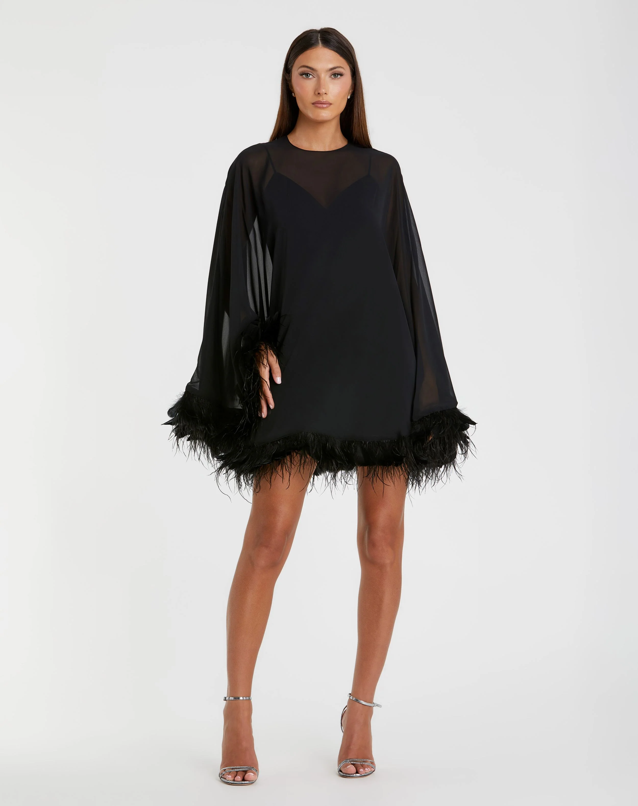 Black Trapeze Feather Trim Mini Dress