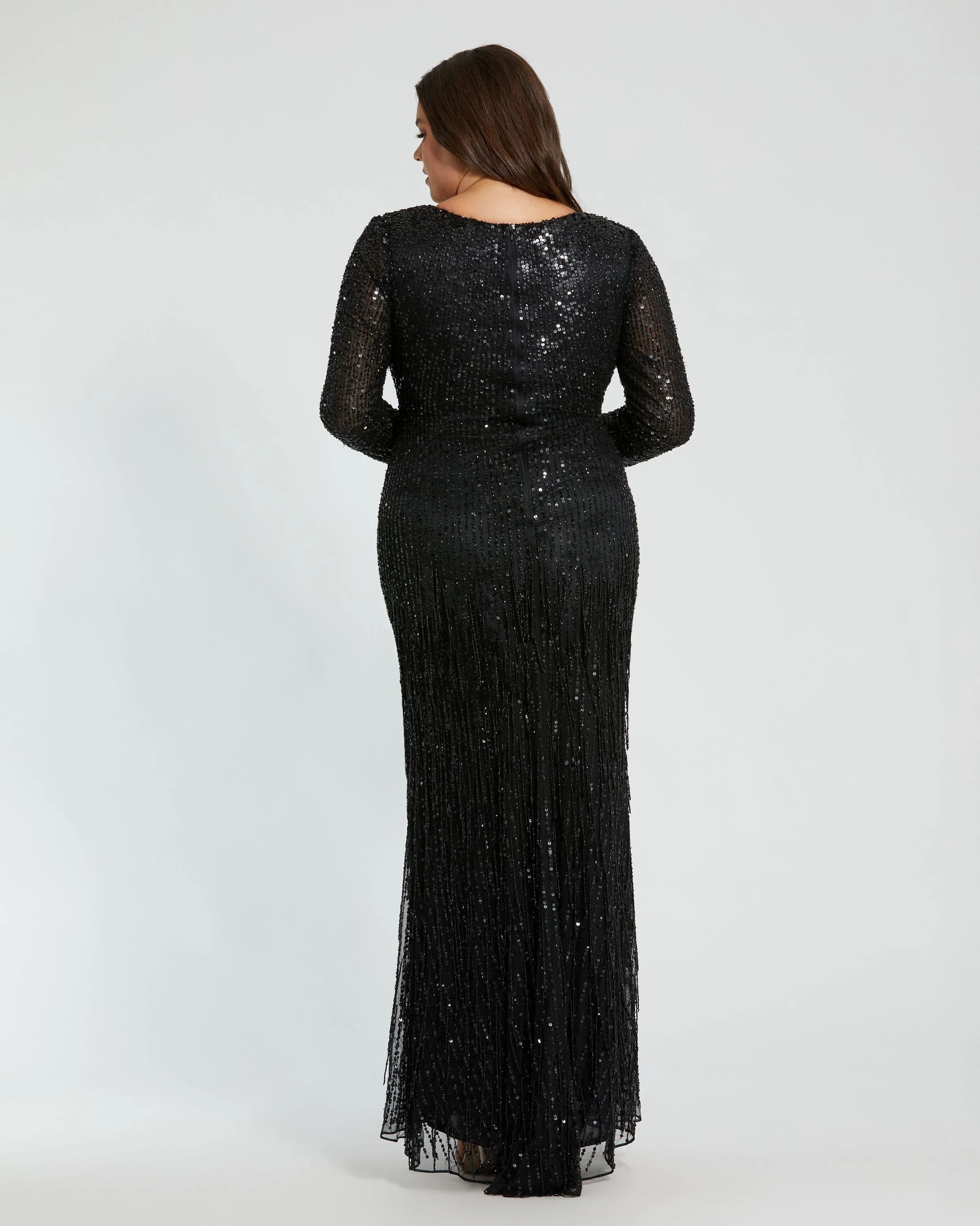 Long Sleeve V-Neck Beaded Fringe Gown