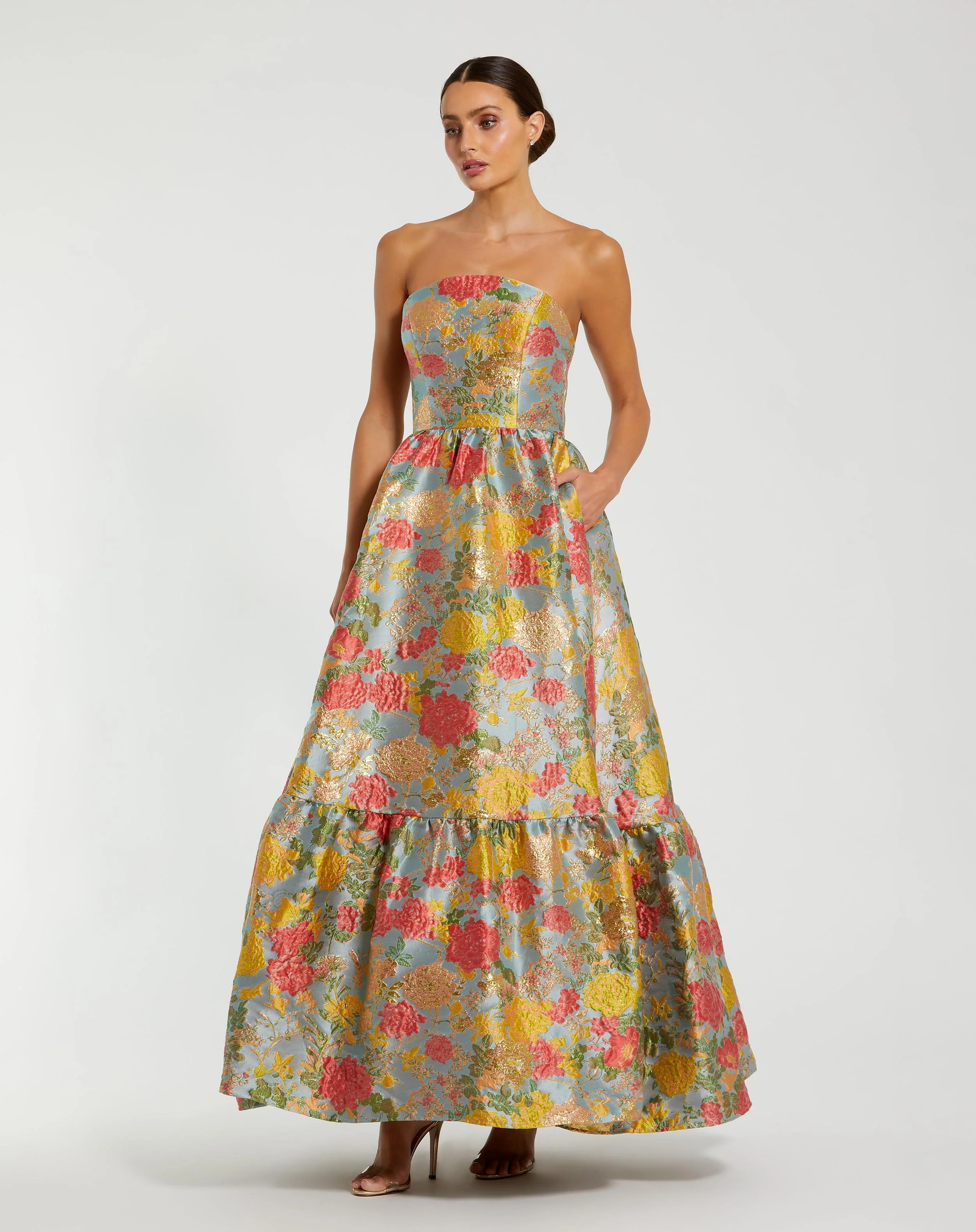 Multicolor Strapless Brocade Floral Gown With Ruffle Hem