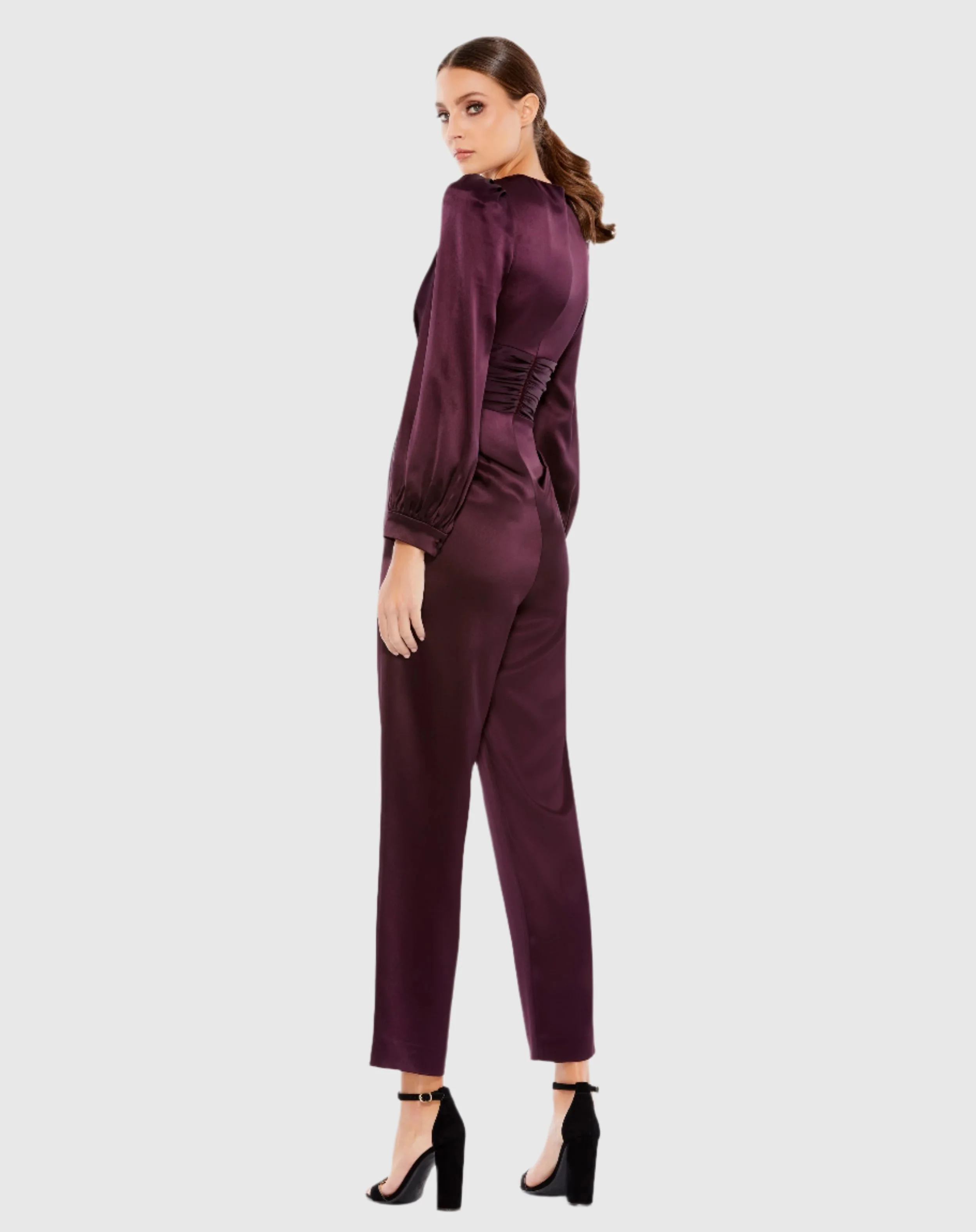 Purple Front Twist Puff Sleeve Deep V Jumpsuit