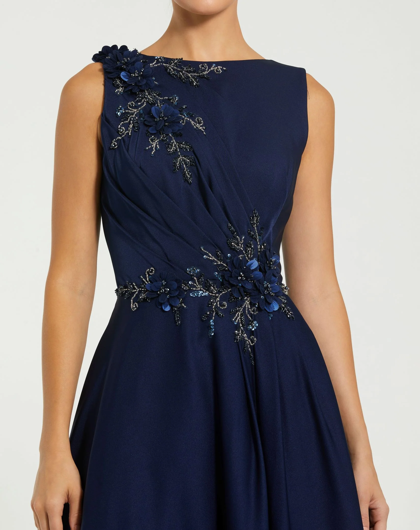 Navy Floral Applique Sleeveless A Line Gown