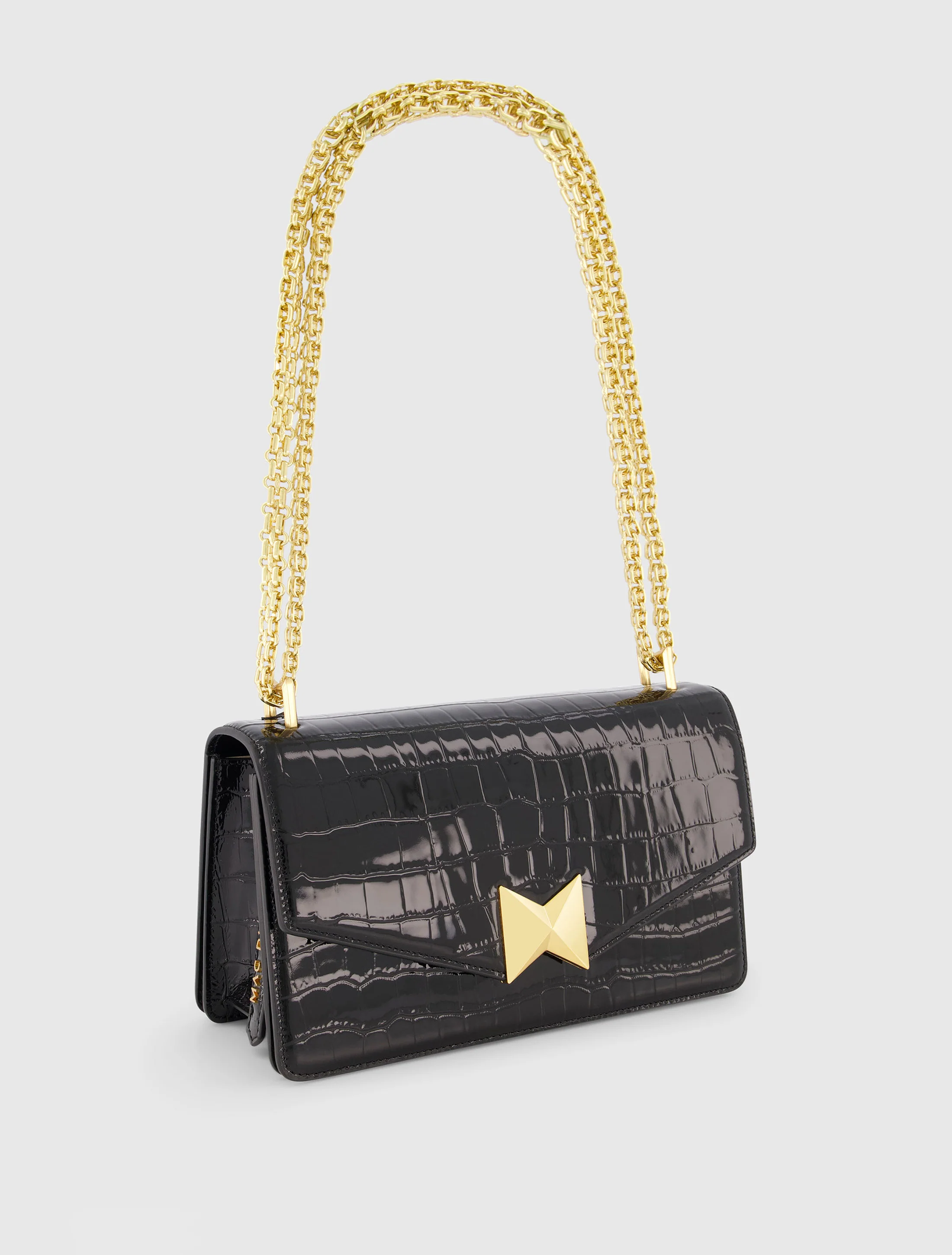 Black Crocodile Leather Shoulder Bag With Gold Hardware