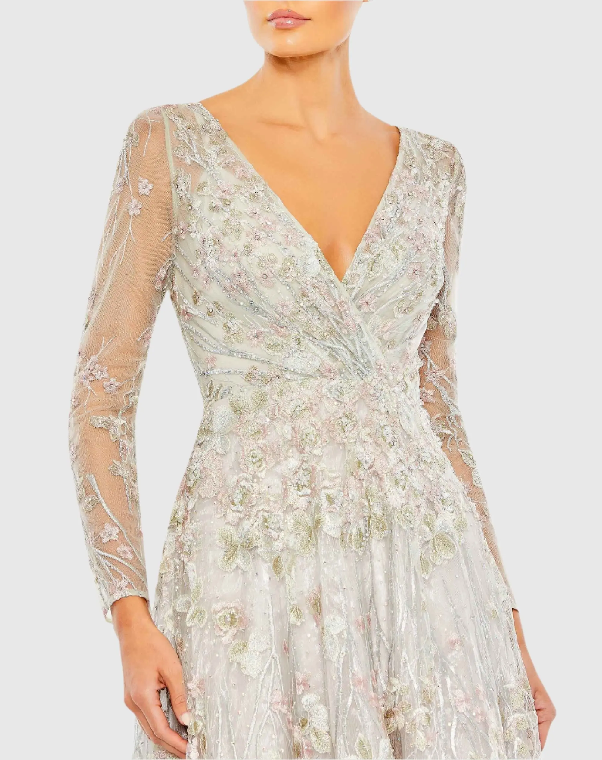 White Embroidered Lace Wrap Over Illusion Long Sleeve A Line Gown